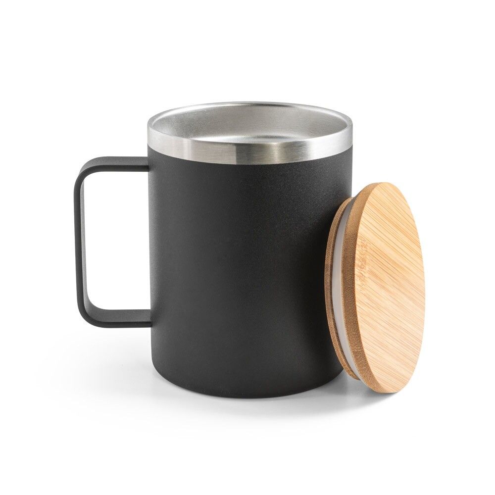 LAUDA Becher aus 90% recyceltem Edelstahl mit Bambusdeckel 420 mL - schwarz-256