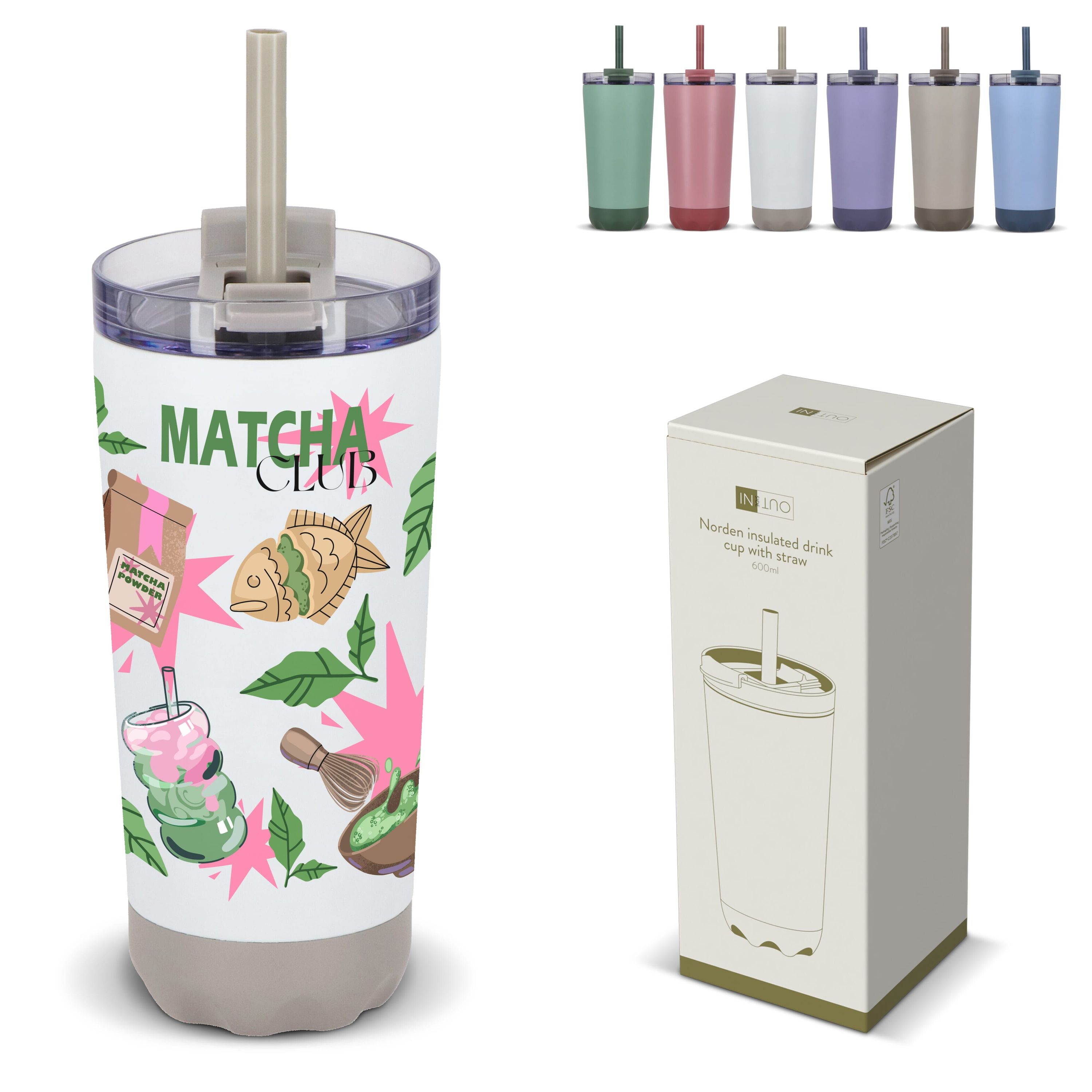 doppelwandiger Norden-Trinkbecher aus Edelstahl mit Strohhalm, 600 ml - pastellblau-586