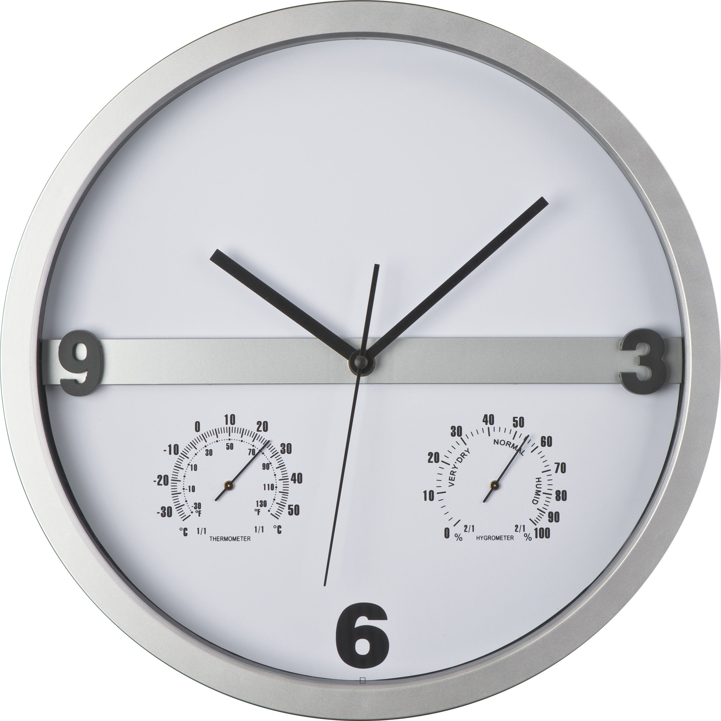 Wanduhr mit Hygro - und Thermometer, halbes Display bedruckbar - silbergrau-309