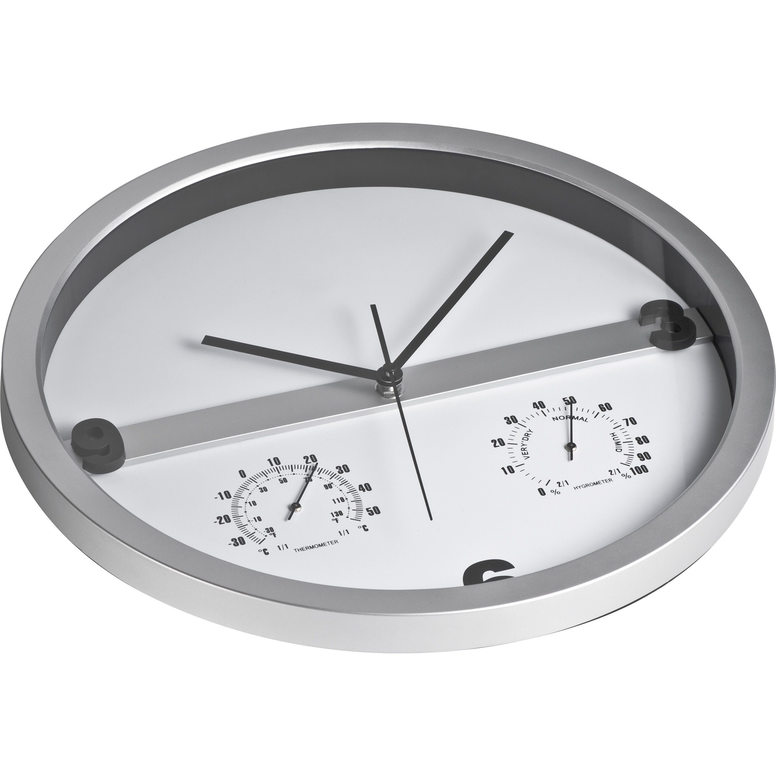 Wanduhr mit Hygro - und Thermometer, halbes Display bedruckbar - silbergrau-778
