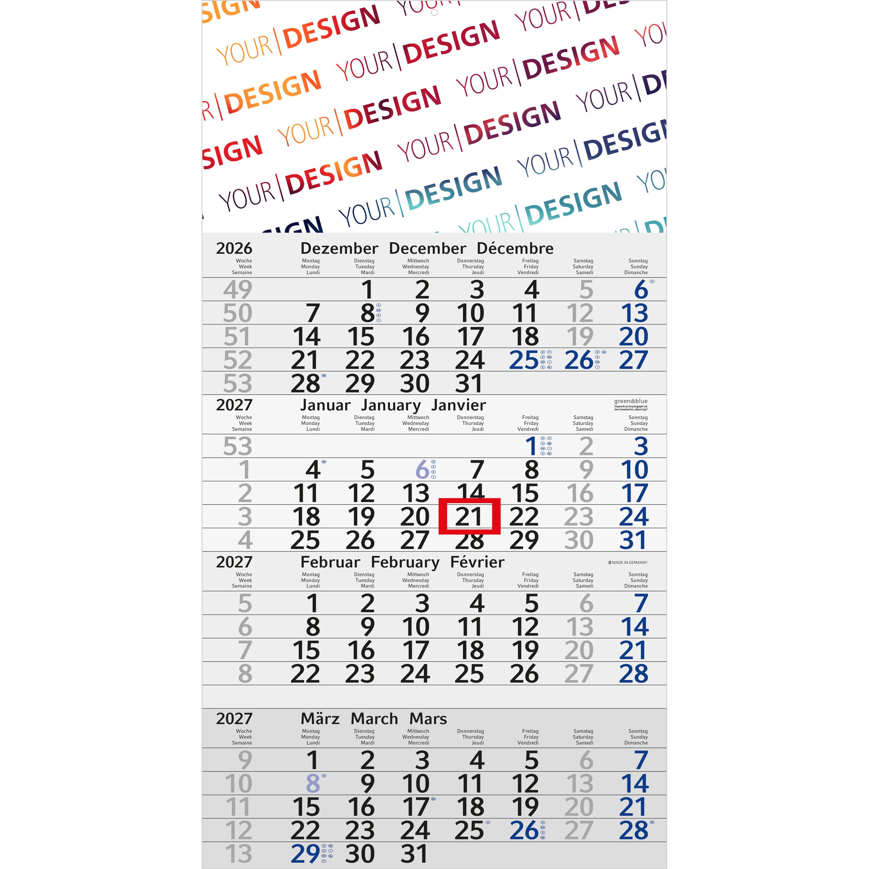4-Monatskalender Einblatt Budget 4 RECYCLING, blau-699