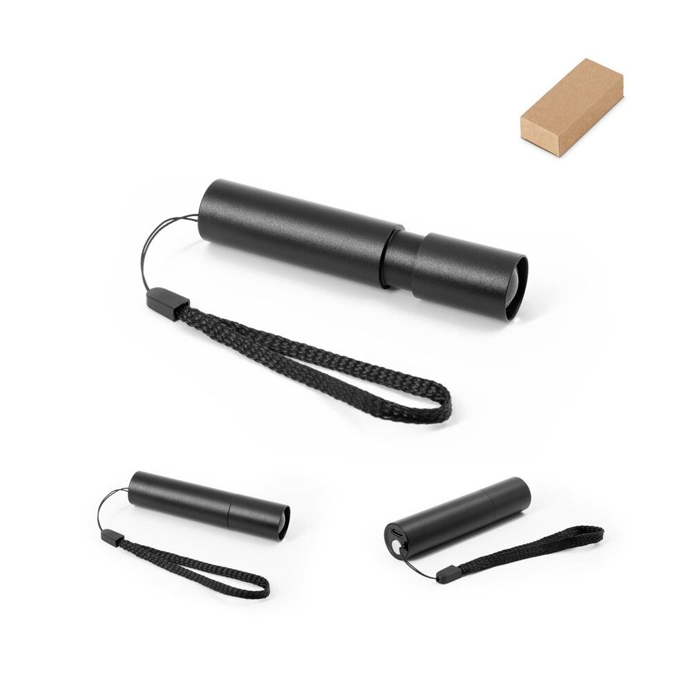 BRUCE Wiederaufladbare Taschenlampe aus recyceltem Aluminium (100 % rAL) mit 30 mm ausziehbarer Spitze - schwarz-437