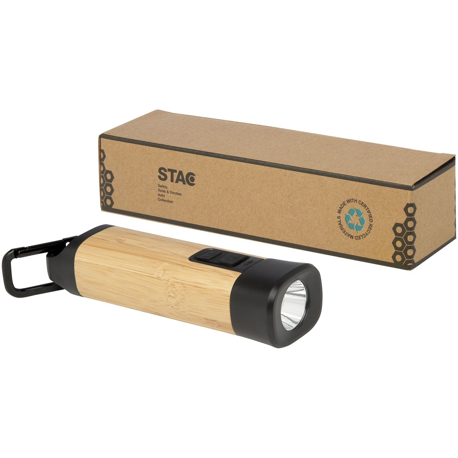 Kuma Taschenlampe aus Bambus und recyceltem RCS Kunststoff mit Karabinerhaken - natur-650