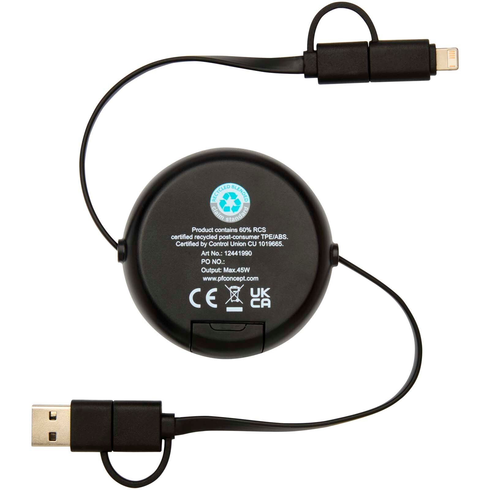 Chechia 100cm 5-in-1 Kabel aus recyceltem Kunststoff, einziehbar, für Datenübertragung und 45W Schnellladung mit Bambusdetails - schwarz-653