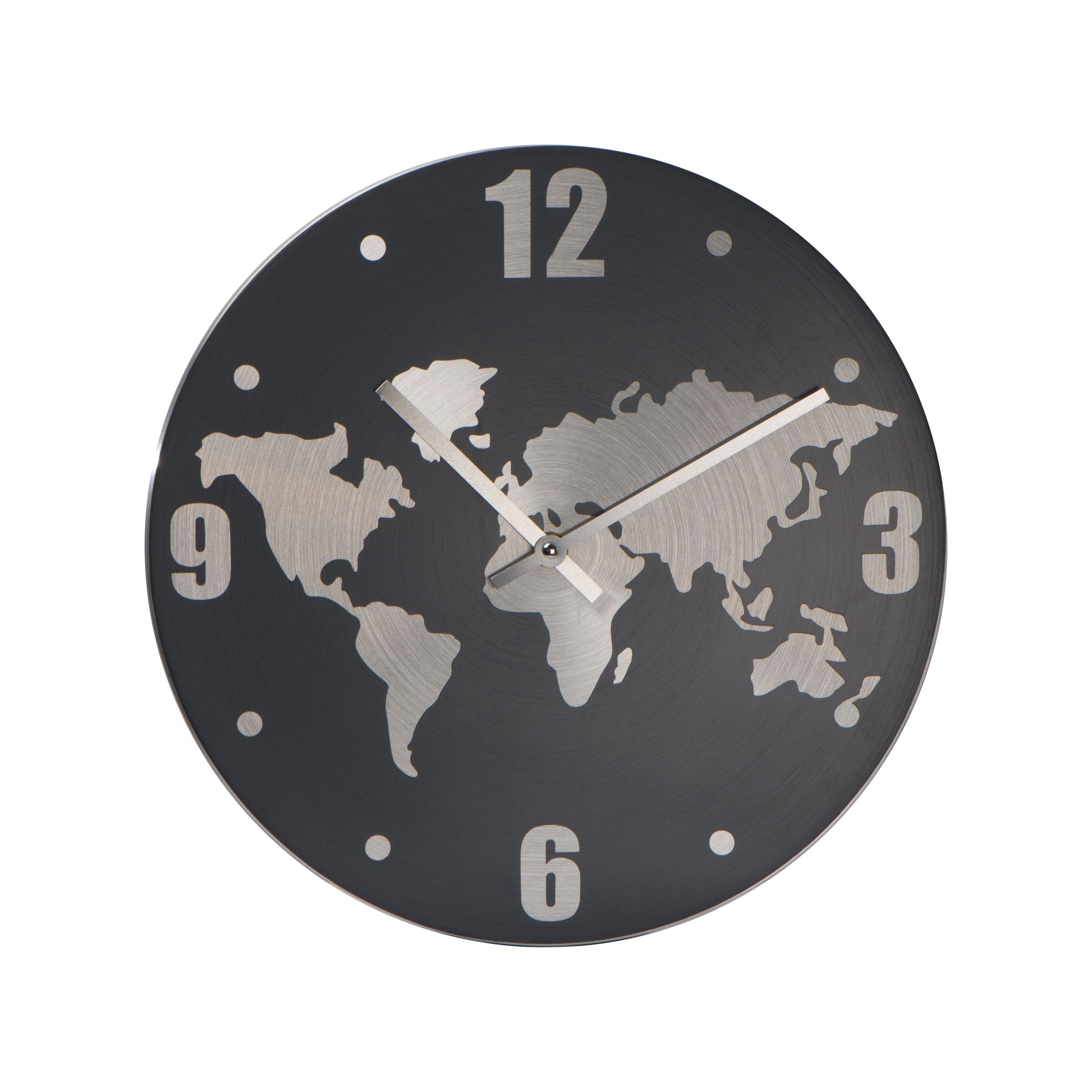 Wanduhr aus Aluminium mit Weltkarte - silbergrau-916