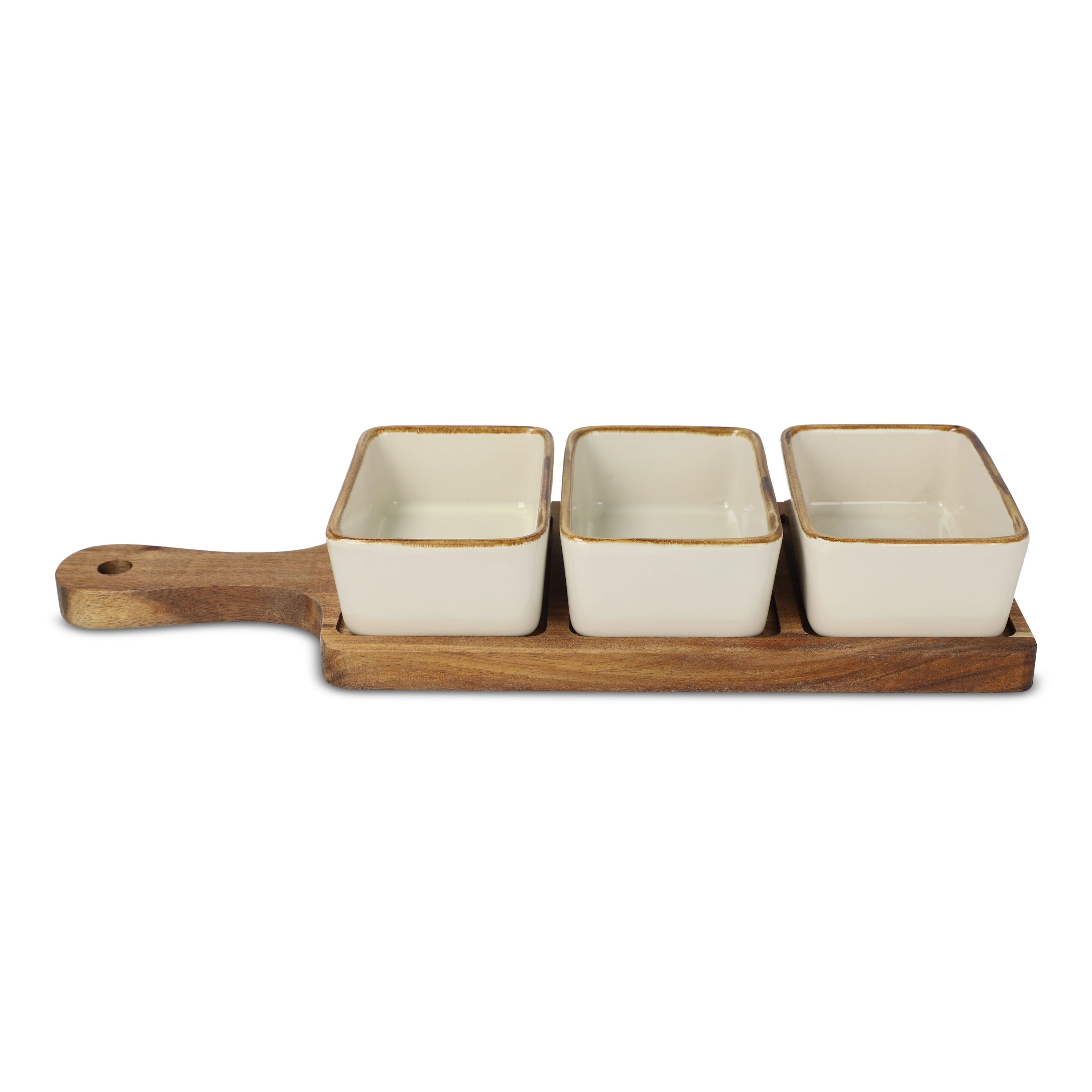 InSideOut Servierbrett aus Holz mit 3 Keramikschalen - natur-422