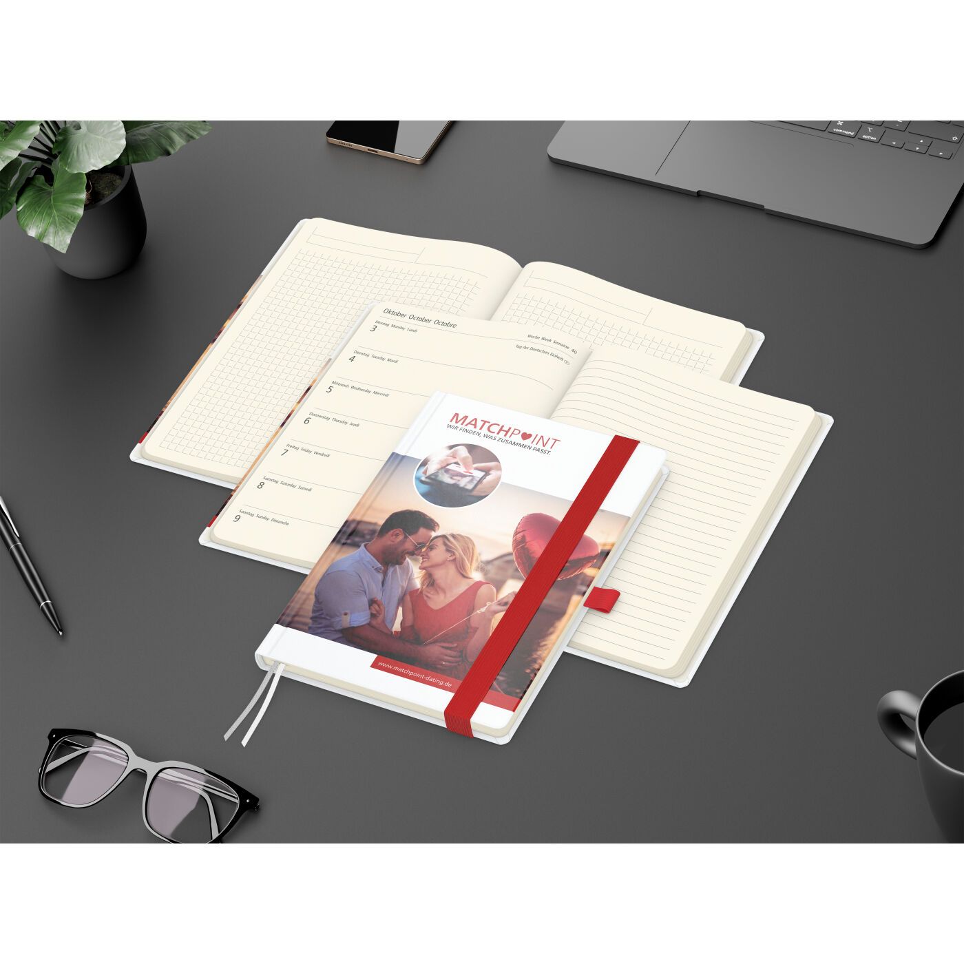 Wochenkalender links + Notizen rechts Match-Hybrid, Papier matt, rot-48