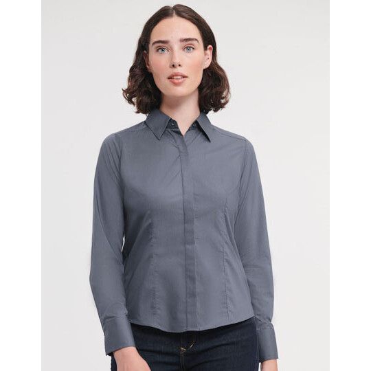 Ladies' Long Sleeve Fitted Polycotton Poplin Shirt - french navy-679