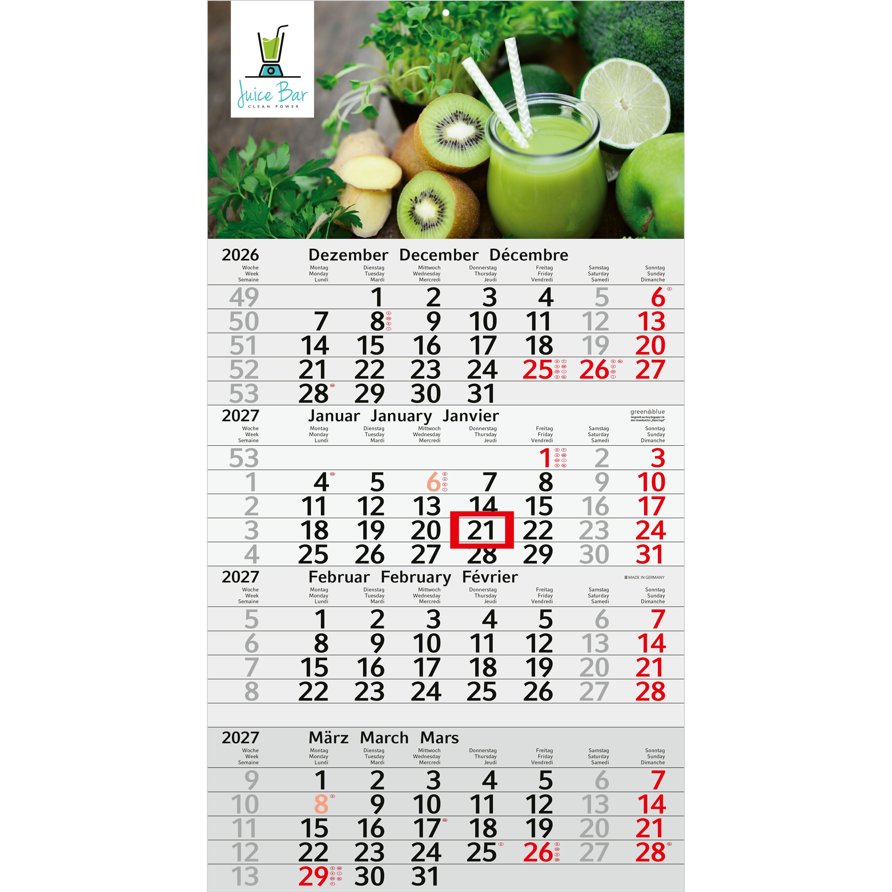 4-Monatskalender Einblatt Budget 4 RECYCLING, rot-214