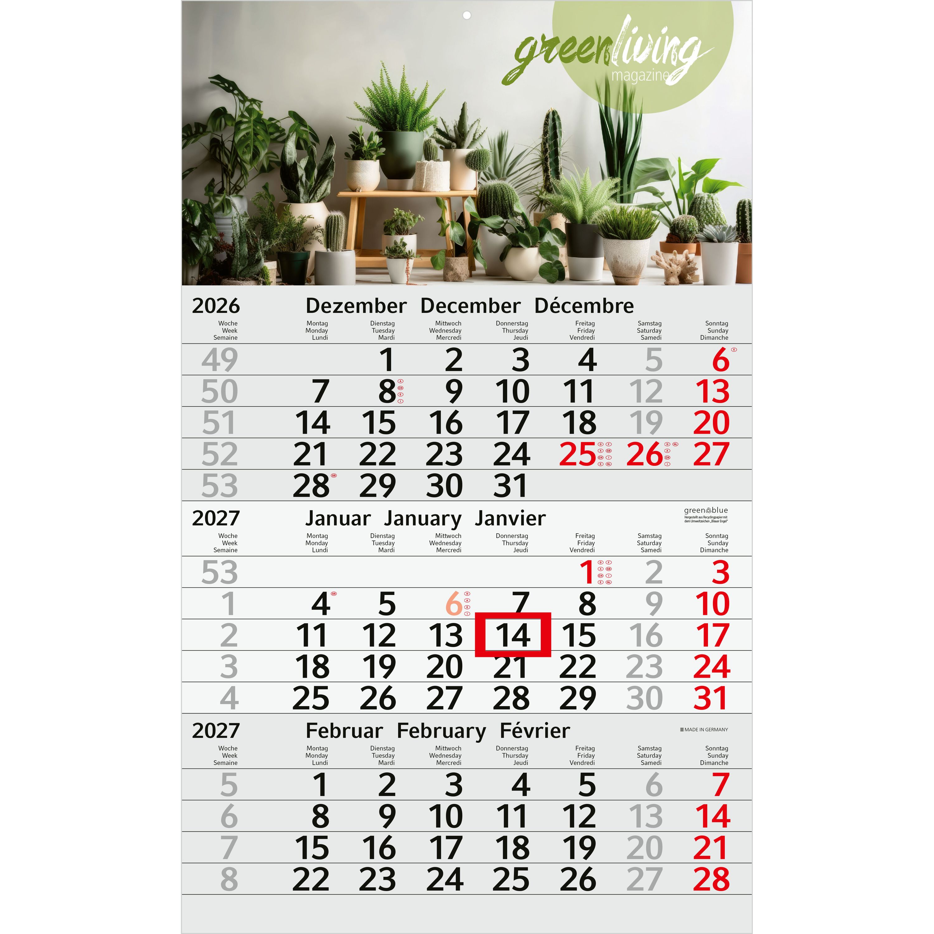 3-Monatskalender Einblatt Budget 3 RECYCLING, rot-172