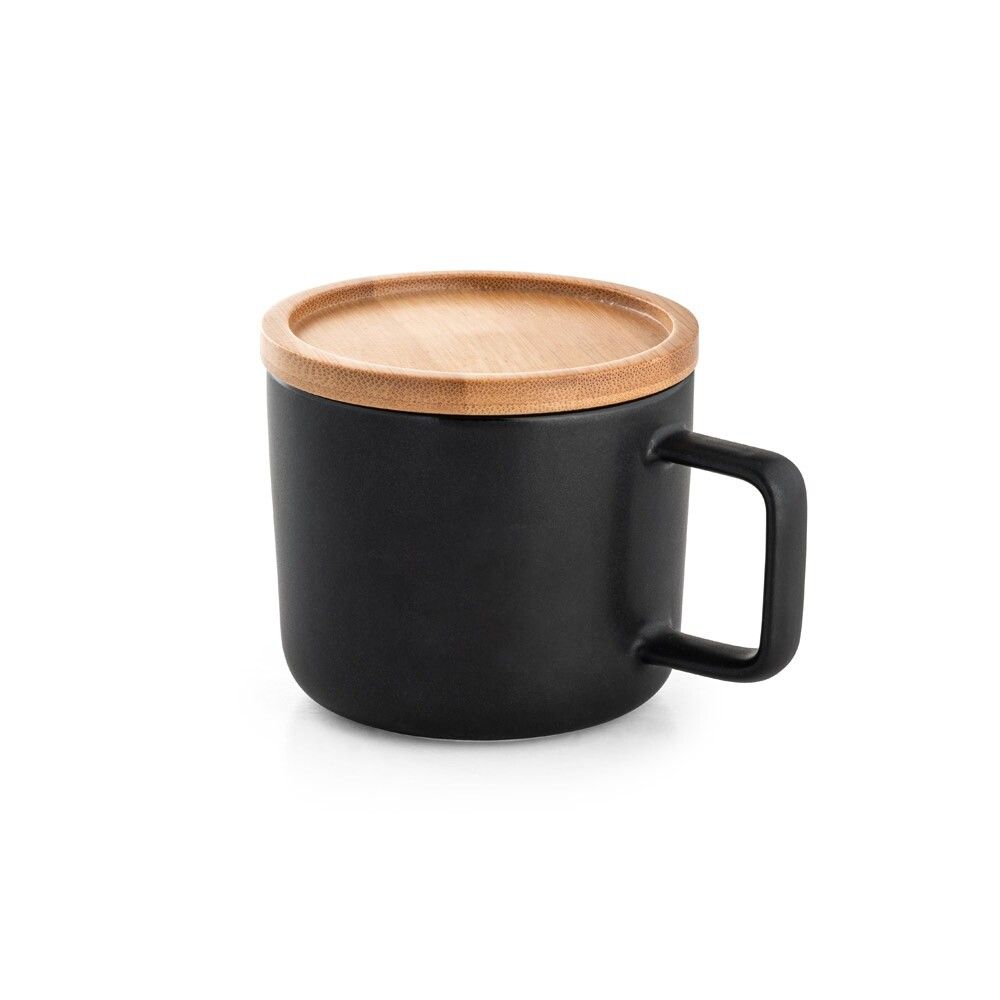 FANGIO Tasse Keramik 220ml mit Deckel aus Bambus als Untersetzer - schwarz-682
