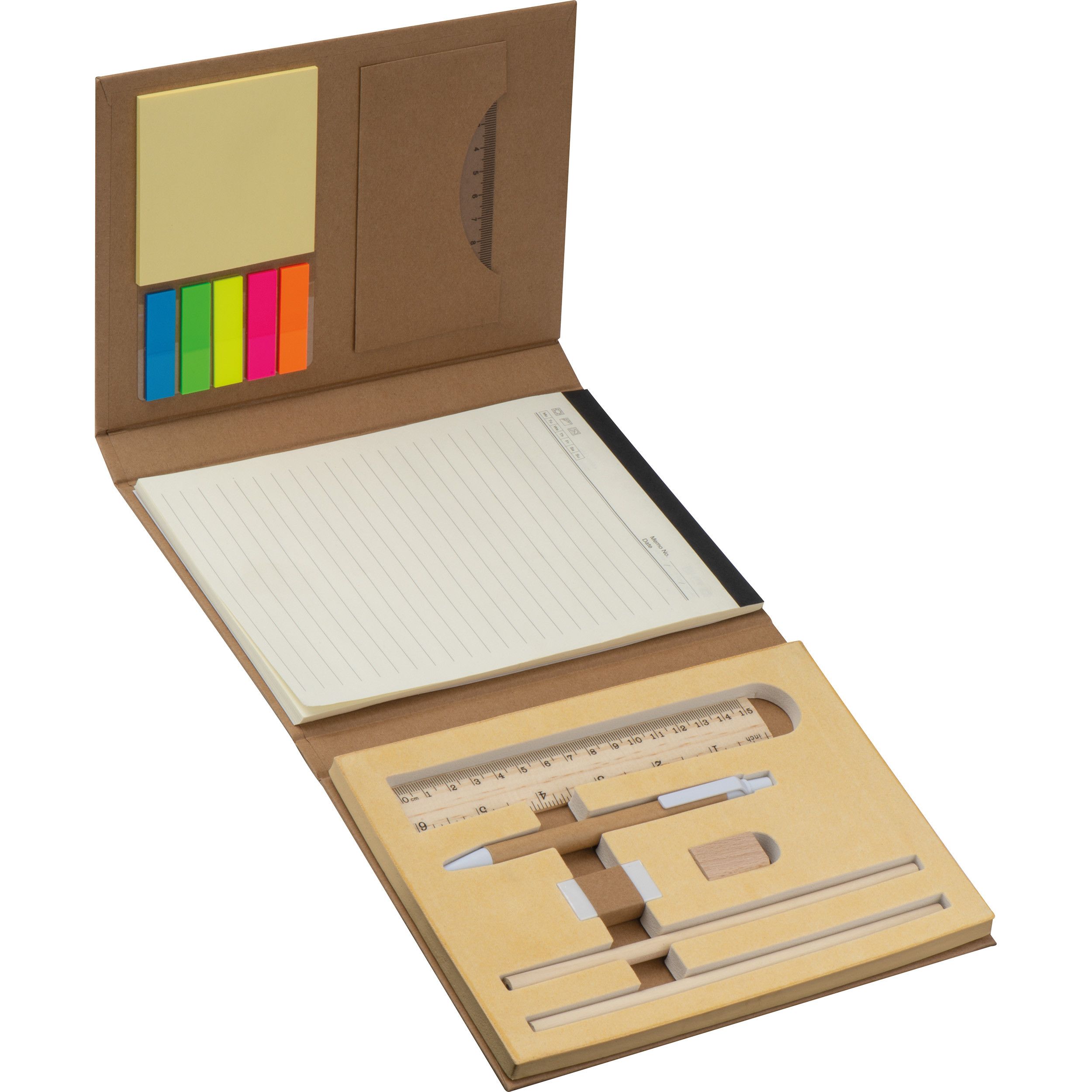 Schreibmappe mit Lineal, Schreibblock und Haftmarkern - braun-398