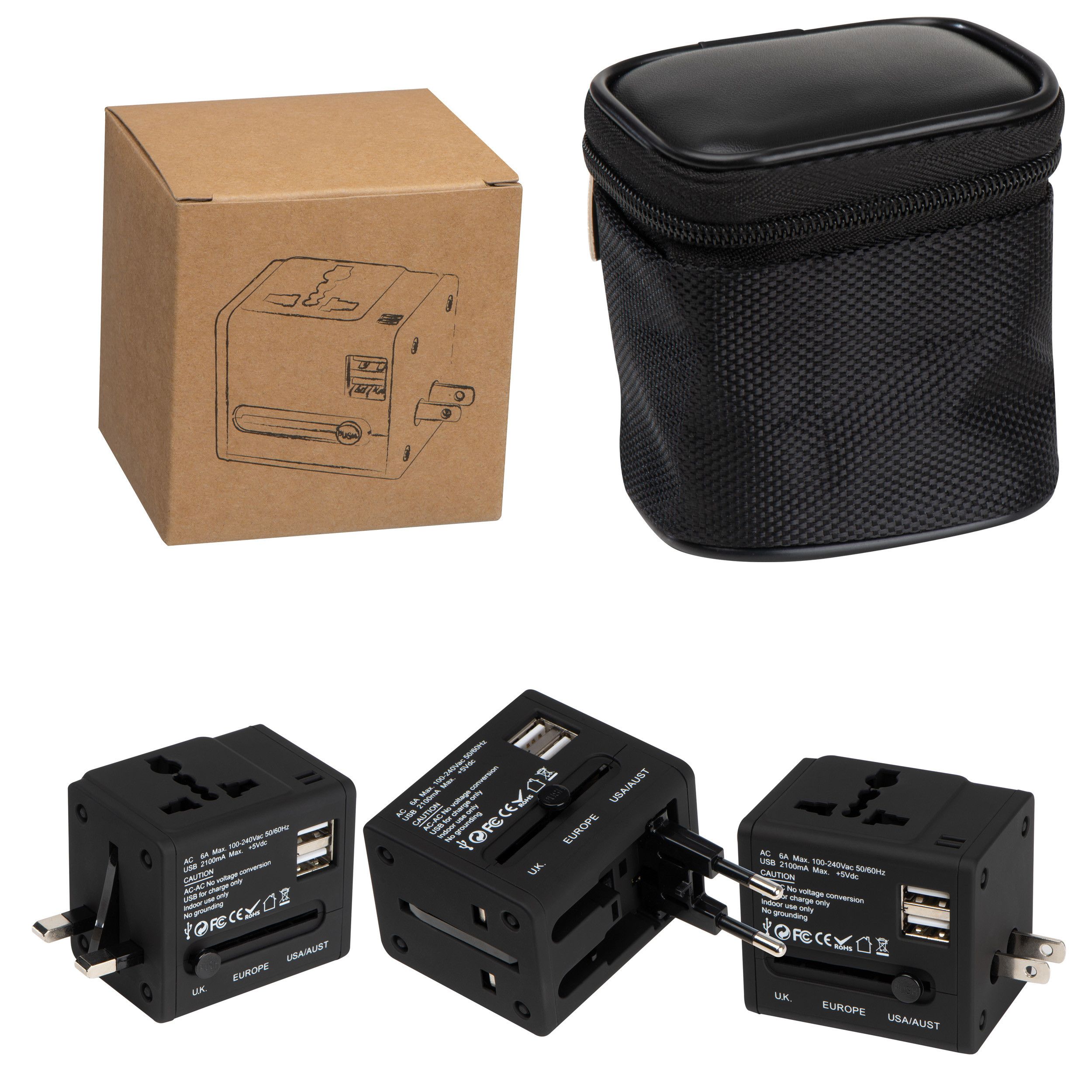 Gummierter Reiseadapter in einem Etui - schwarz-322