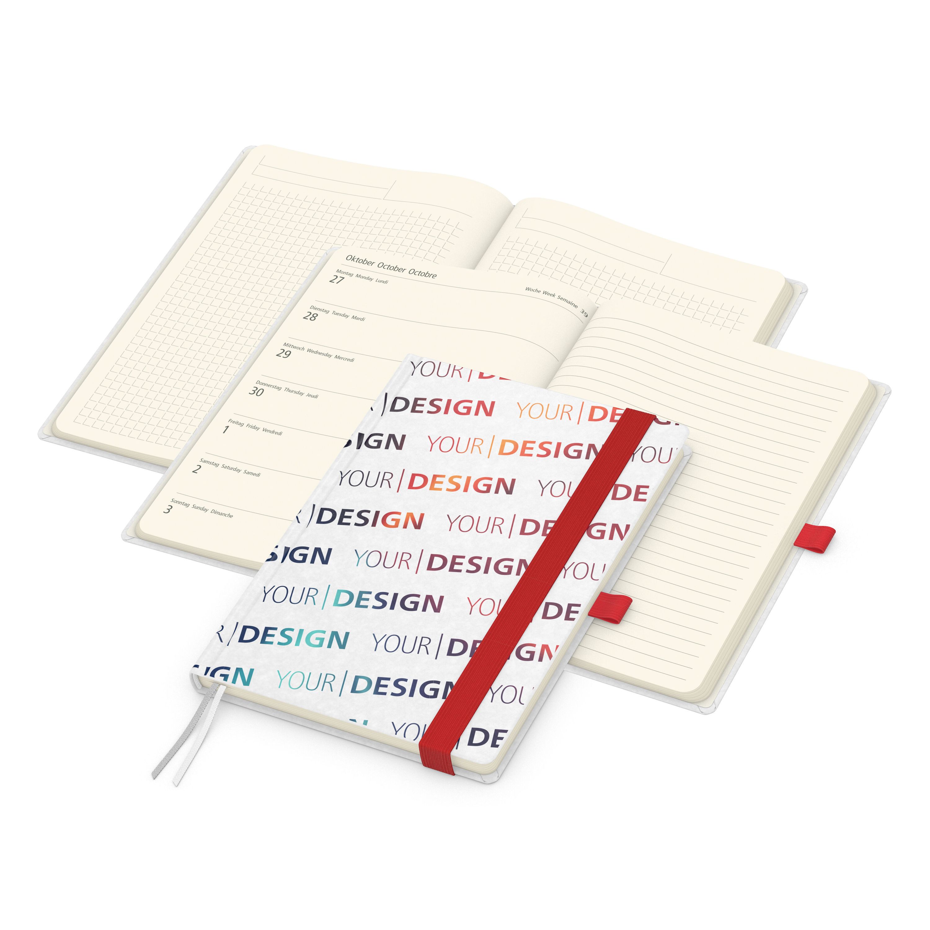 Wochenkalender links + Notizen rechts Match-Hybrid, Naturpapier weiß, rot-666