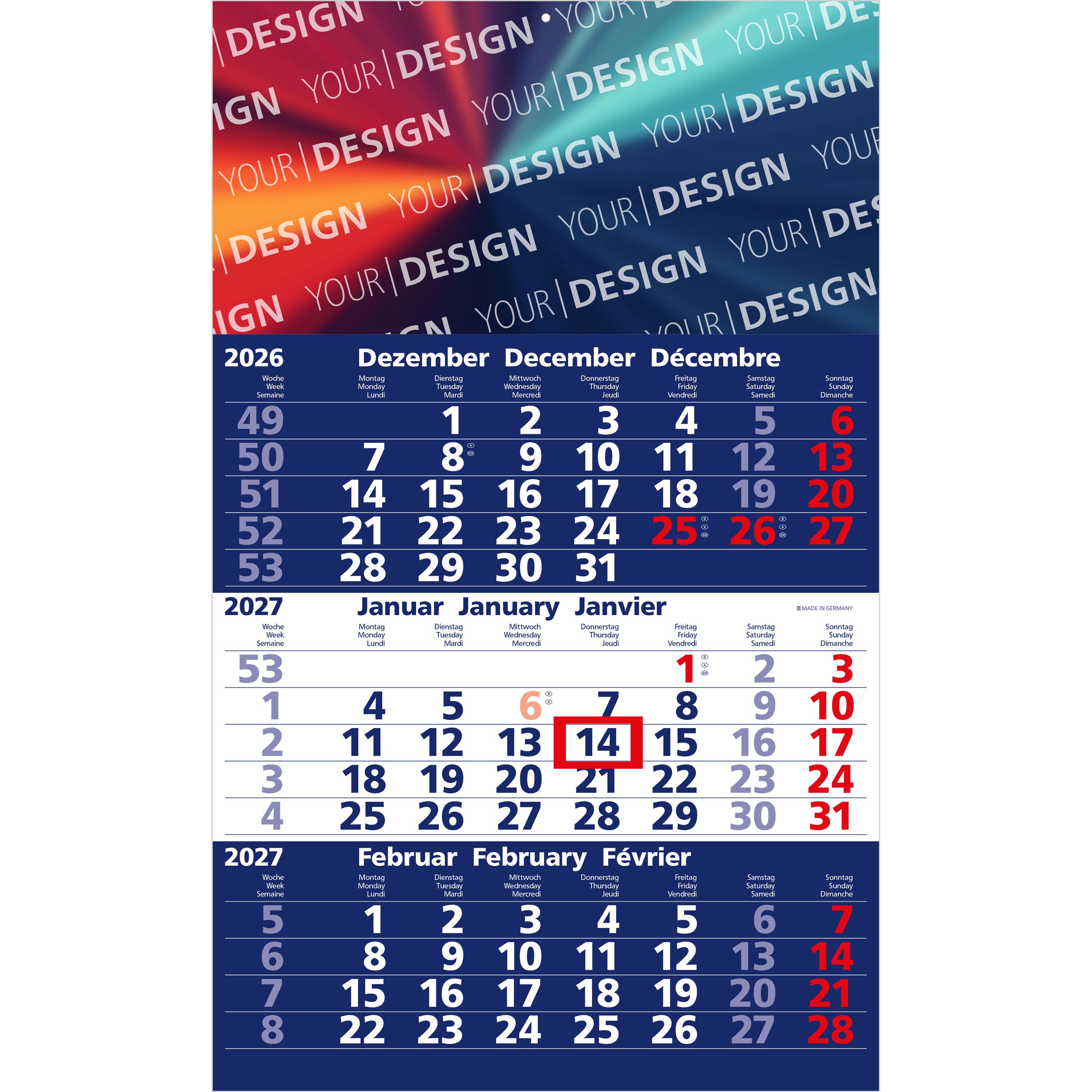 3-Monatskalender Einblatt Solid 3, dunkelblau-33