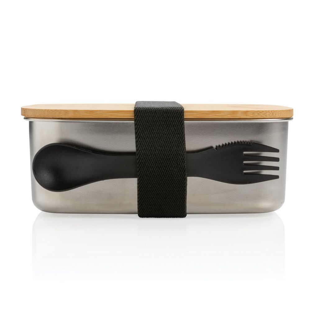 Stainless Steel Lunchbox mit Bambus-Deckel und Göffel - silber-600