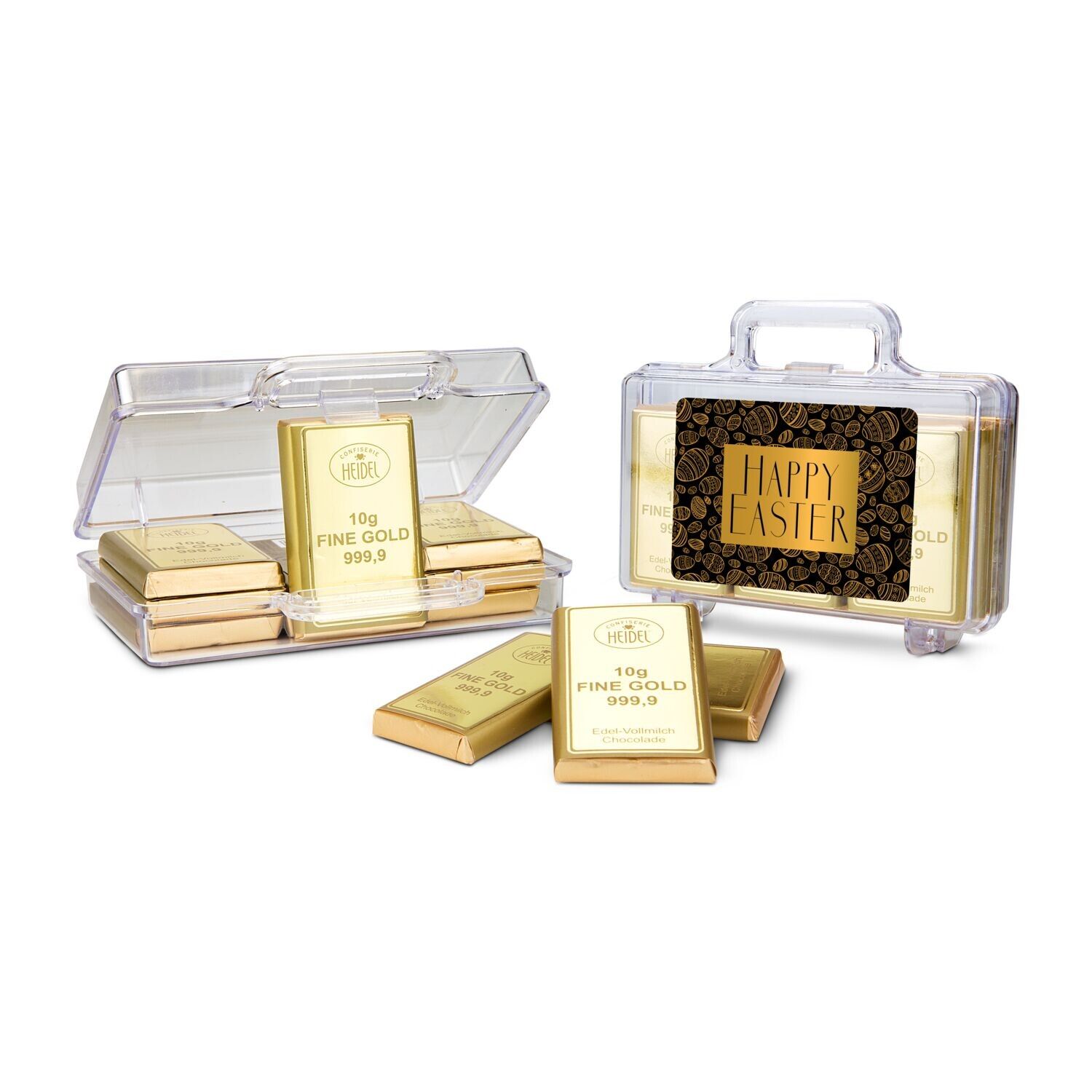 Frohe Ostern Goldkoffer mit 12 Goldbarren, Edelvollmilch-Schokolade (120 g)-394