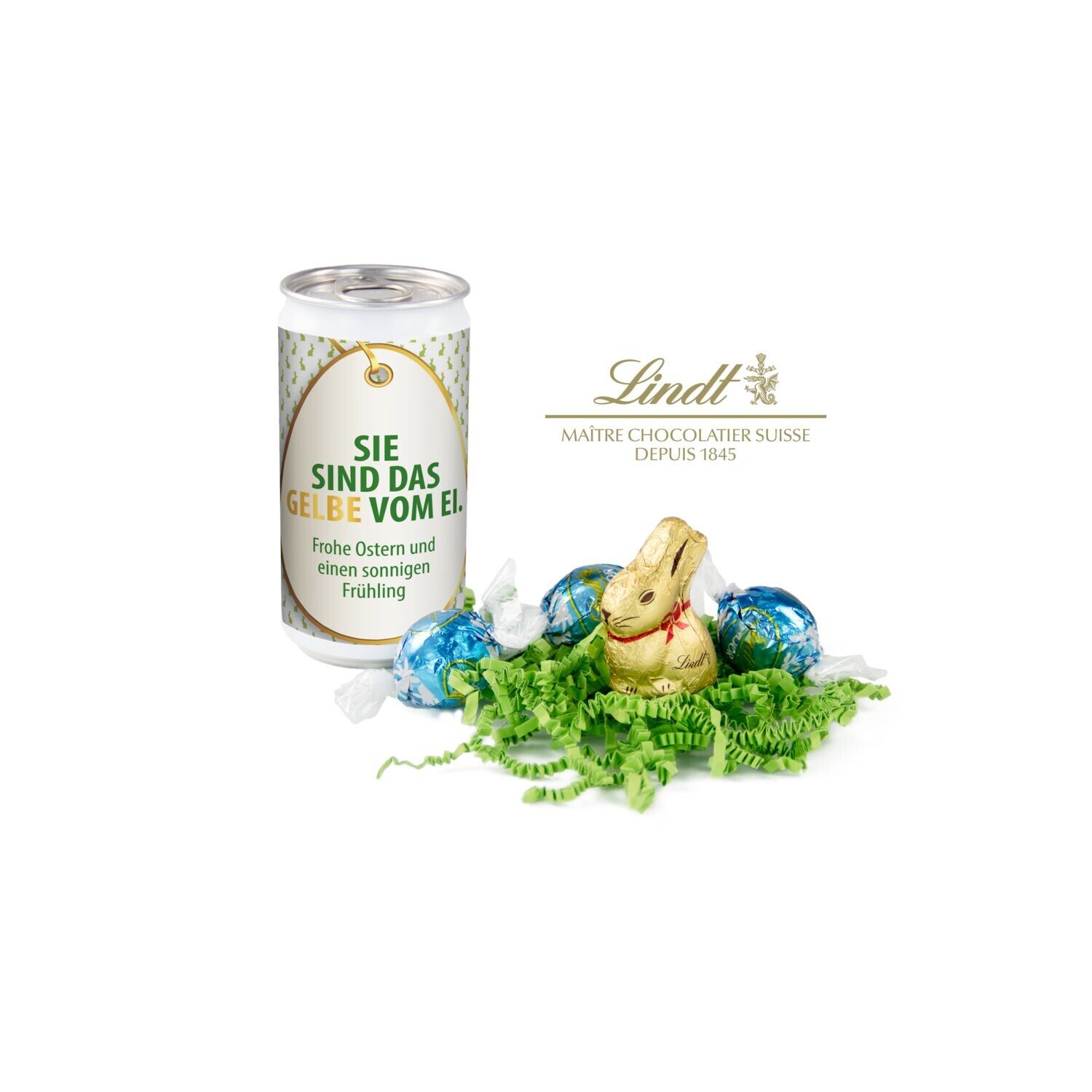 Lindt-Oster-Überraschung "Das Nest in der Dose" - Etikett Sie sind das Gelbe vom Ei-570