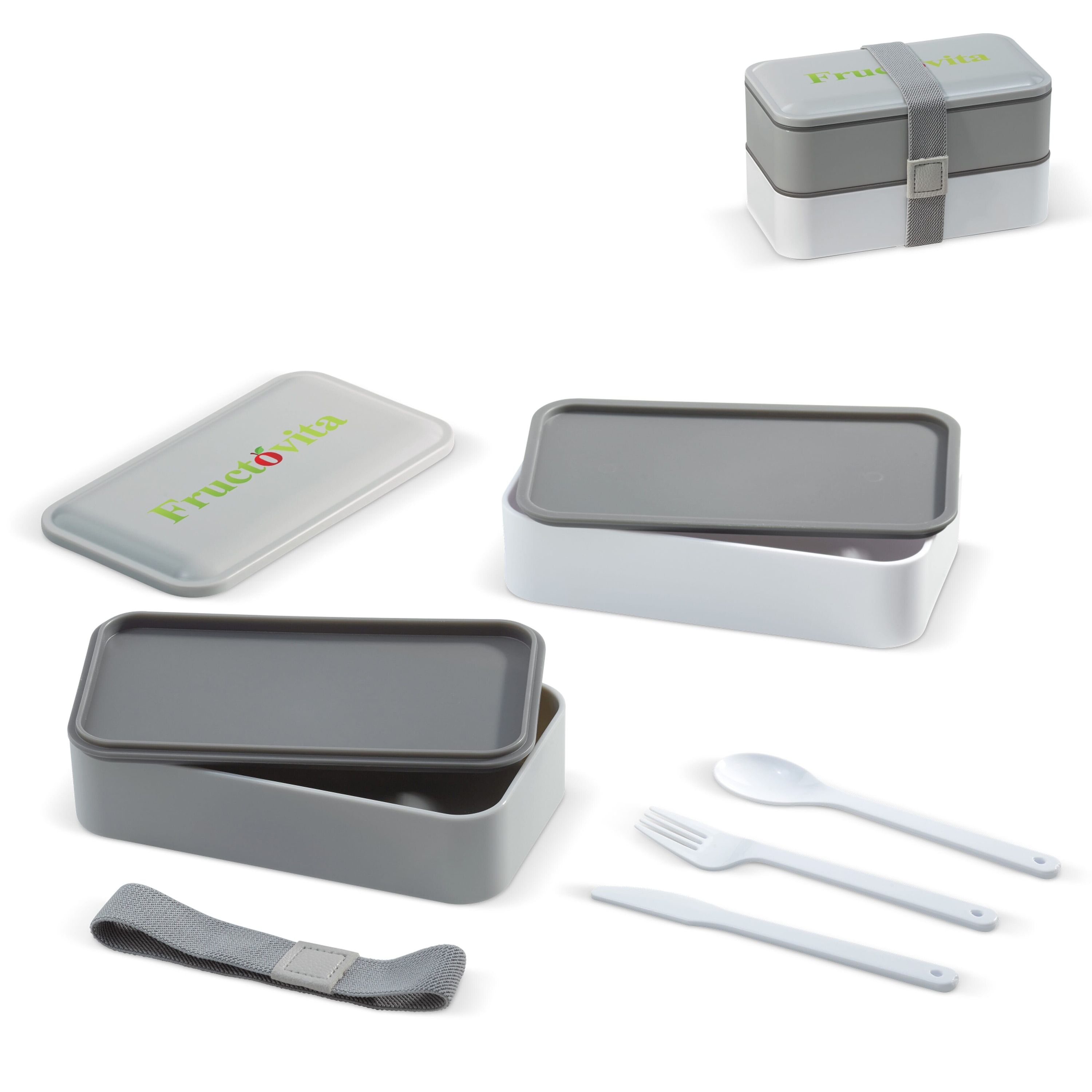 Bento box mit Besteck 1250ml - grau  -  weiss-70