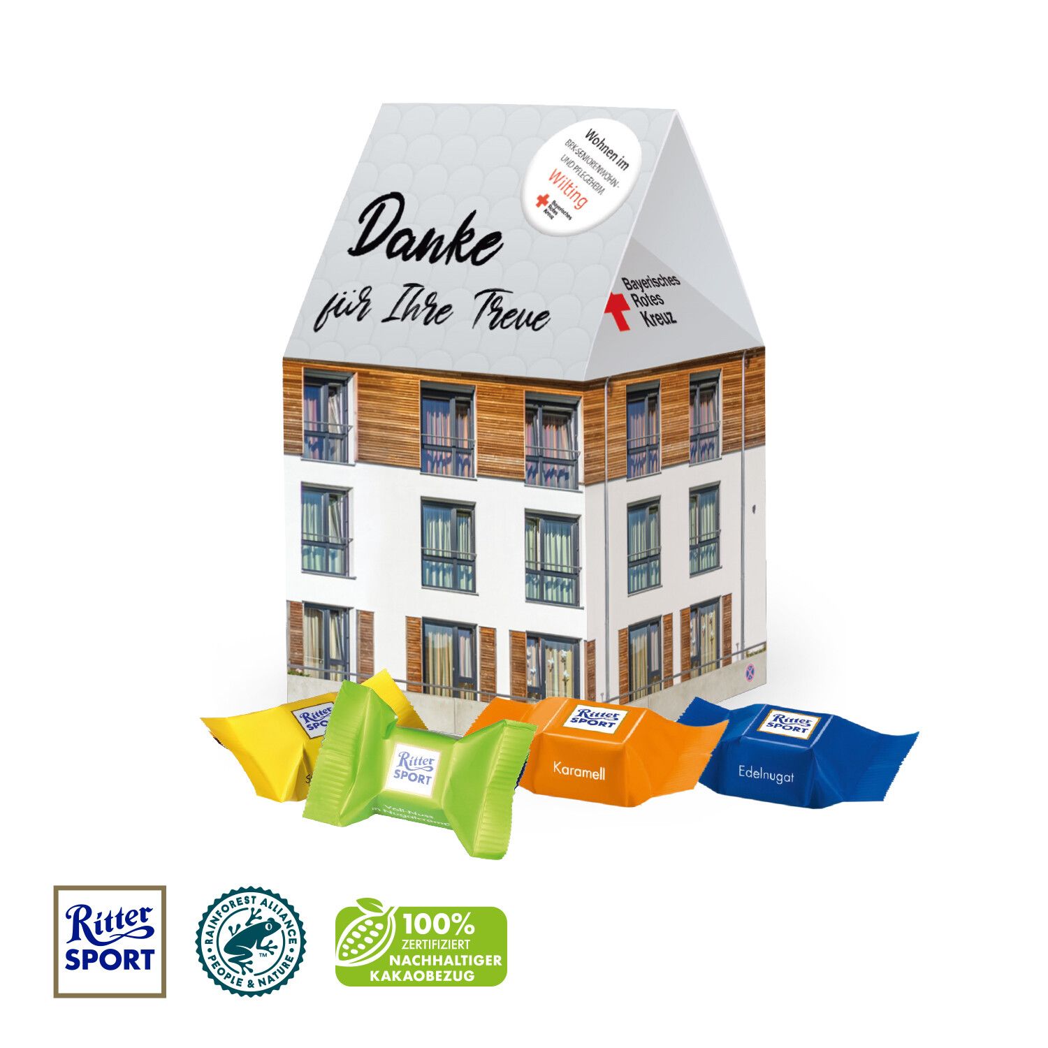 3D Präsent "Haus" mit Ritter Sport Schokowürfel-620