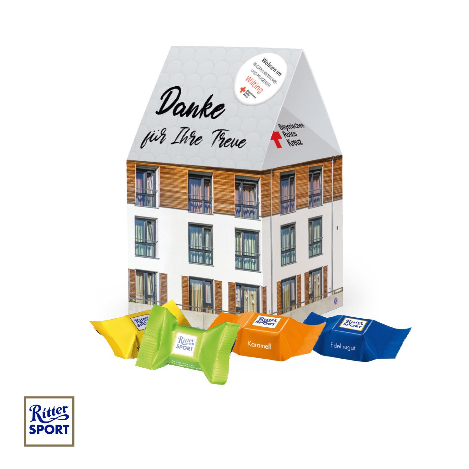 3D Präsent "Haus" mit Ritter Sport Schokowürfel-620
