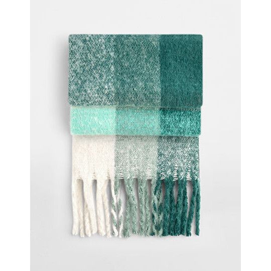 Fluffy Check Scarf - green check-300