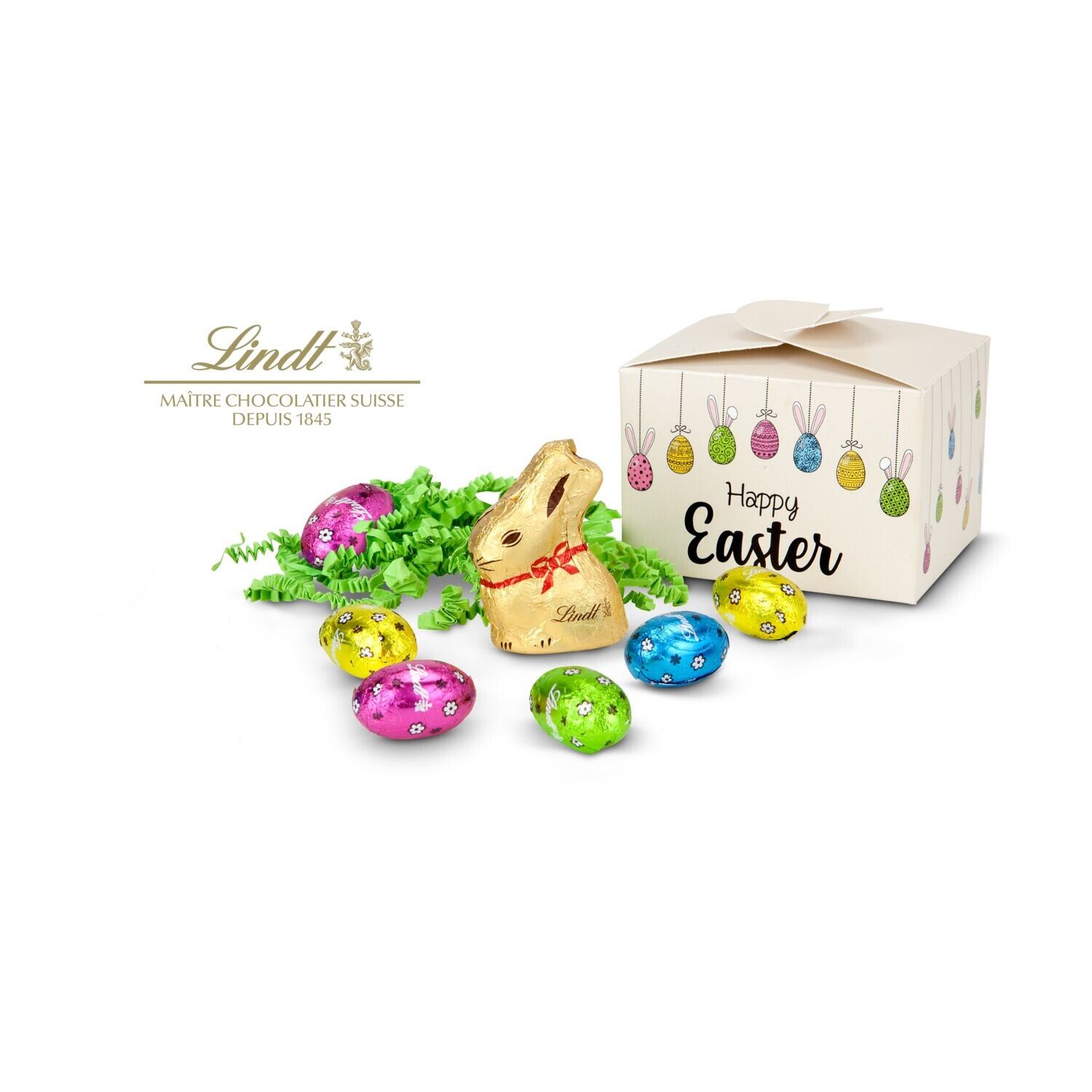 Buntes Lindt Osternest - Lindt-Osterhase mit 6 Eiern, auch in individueller Pralinenschachtel-437