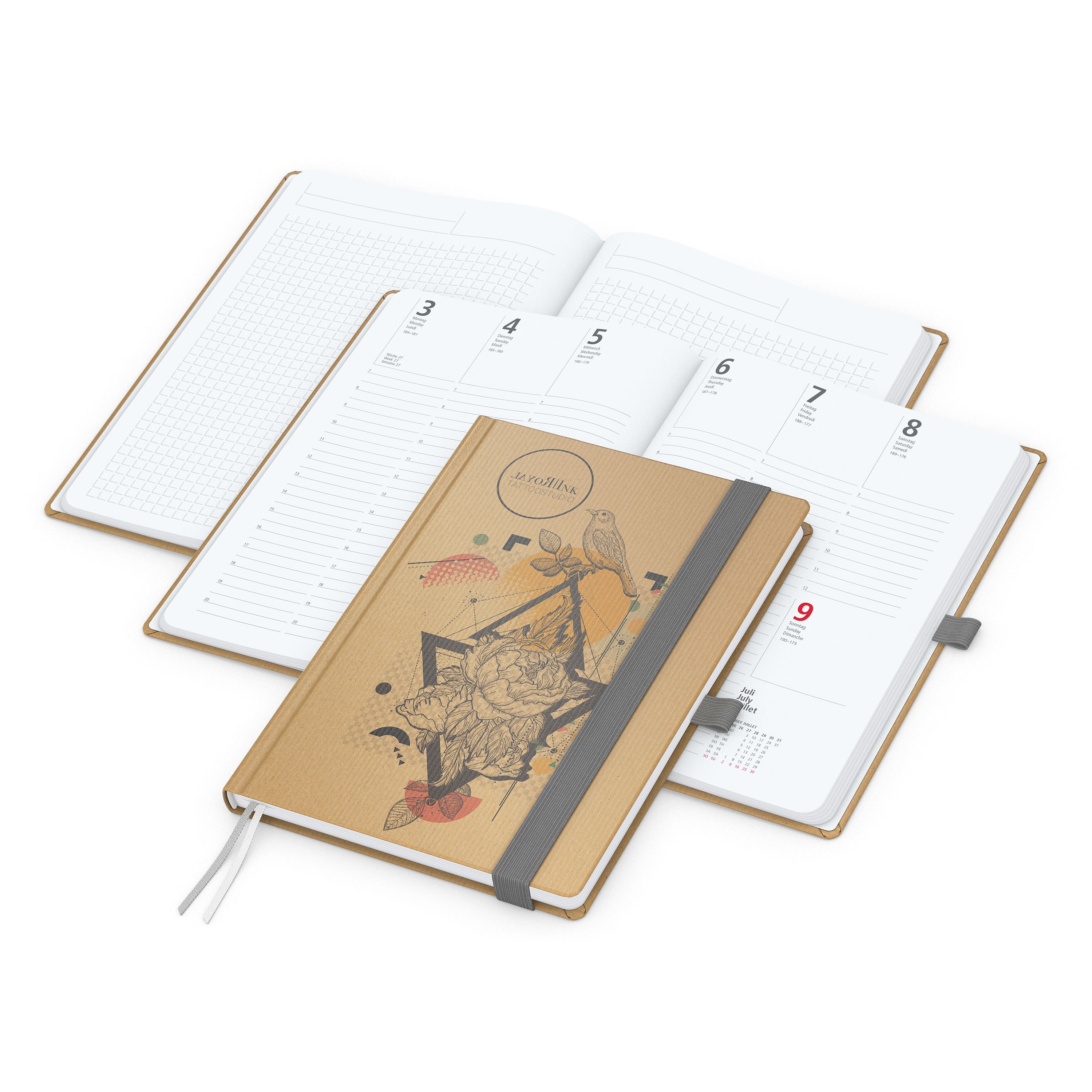 Wochenkalender vorne + Notizen hinten Match-Hybrid, A5, Naturpapier braun, silbergrau-241