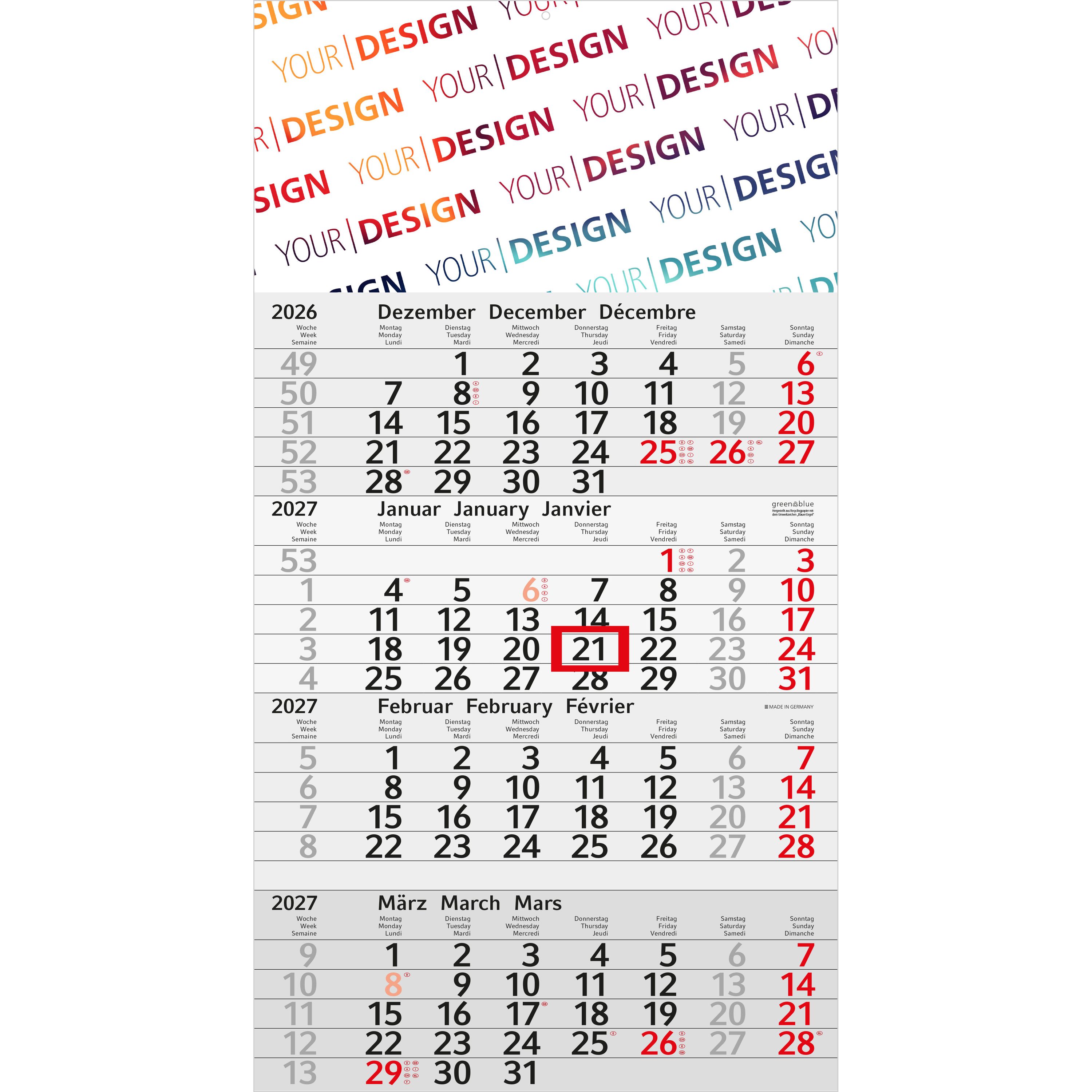 4-Monatskalender Einblatt Budget 4 RECYCLING, rot-140