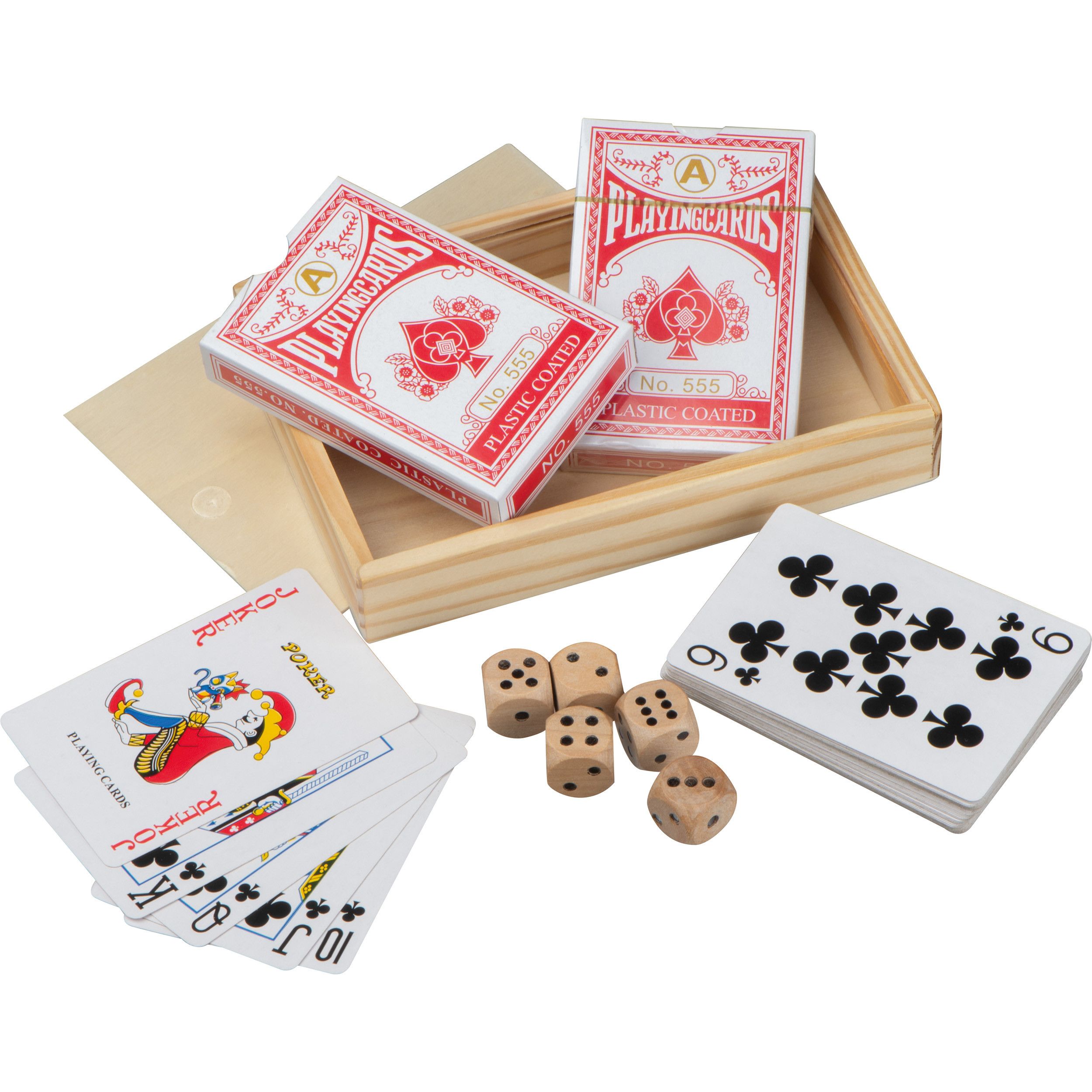 Spielkarten in Holzbox mit Würfel - beige-853