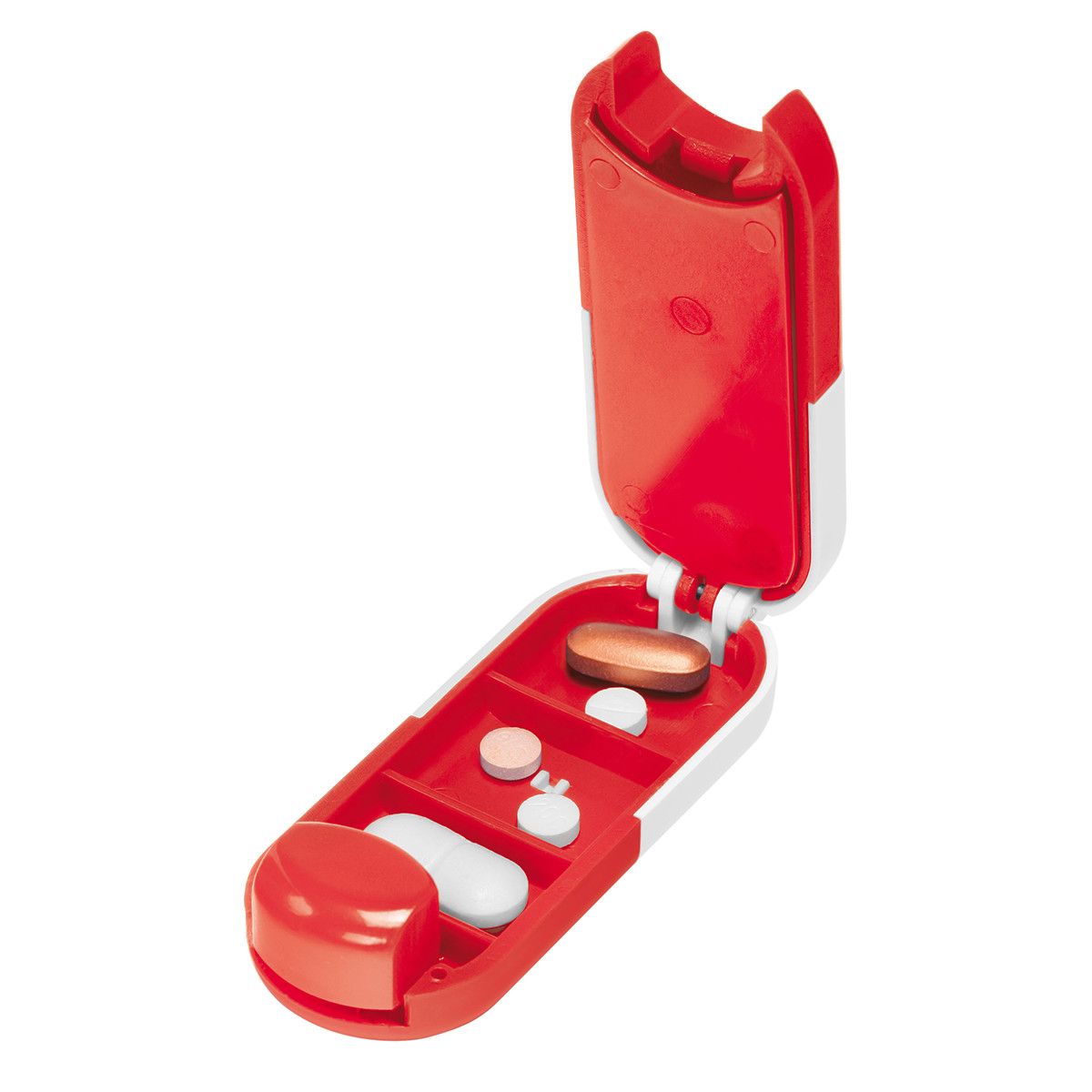 Pillendose Tablettenform (mit 3 Fächern) - weiß - rot-564