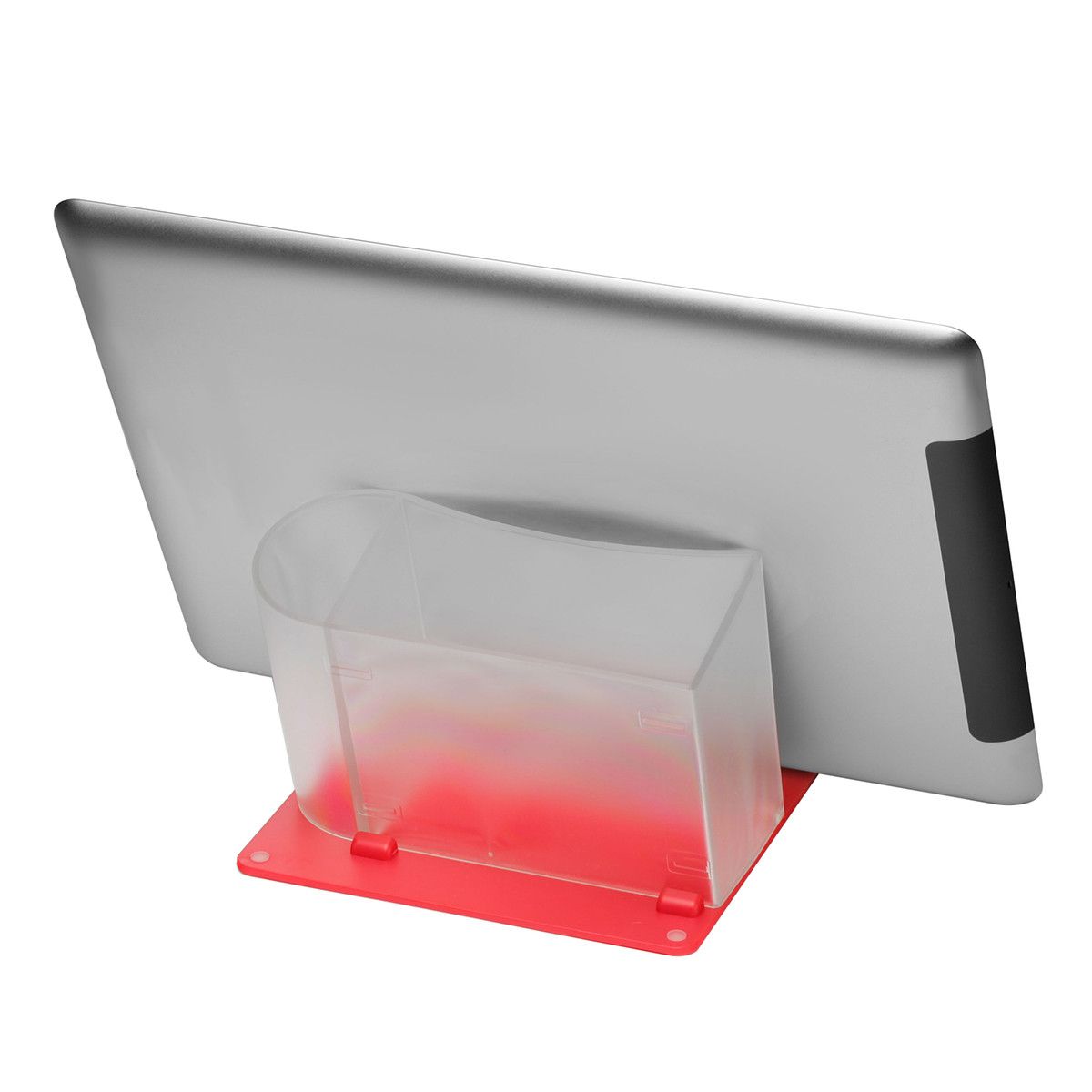 Smartphone-/Tabletständer mit Zettelbox und Köcher mit Kette - gefrostet glasklar - rot-466