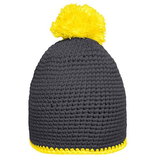 Pompon Hat With Contrast Stripe - carbon - yellow-978