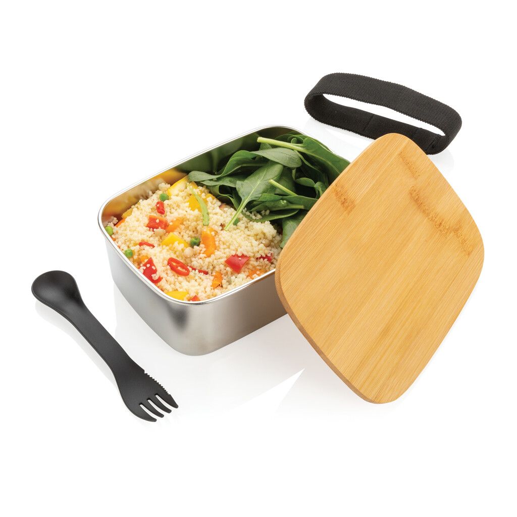Stainless Steel Lunchbox mit Bambus-Deckel und Göffel - silber-340