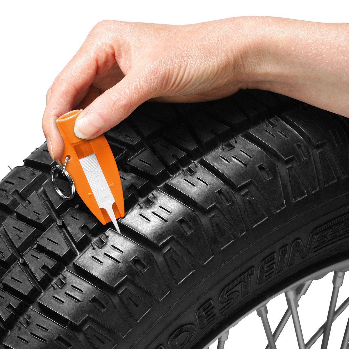 Reifenprofiltiefenmesser mit Ventilkappendreher mit Ring - orange - weiß-662