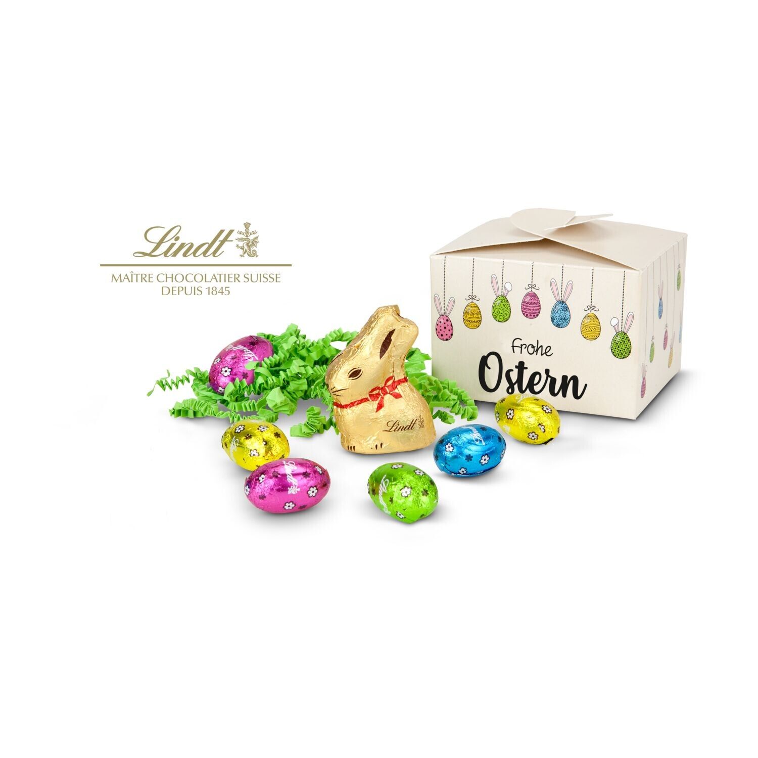 Buntes Lindt Osternest - Lindt-Osterhase mit 6 Eiern, auch in individueller Pralinenschachtel-767