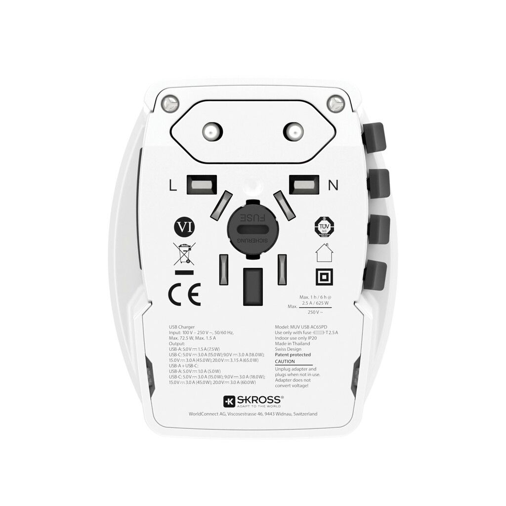 SKROSS World Travel Adapter MUV 65W PD mit USB-C-Kabel - weiß-530