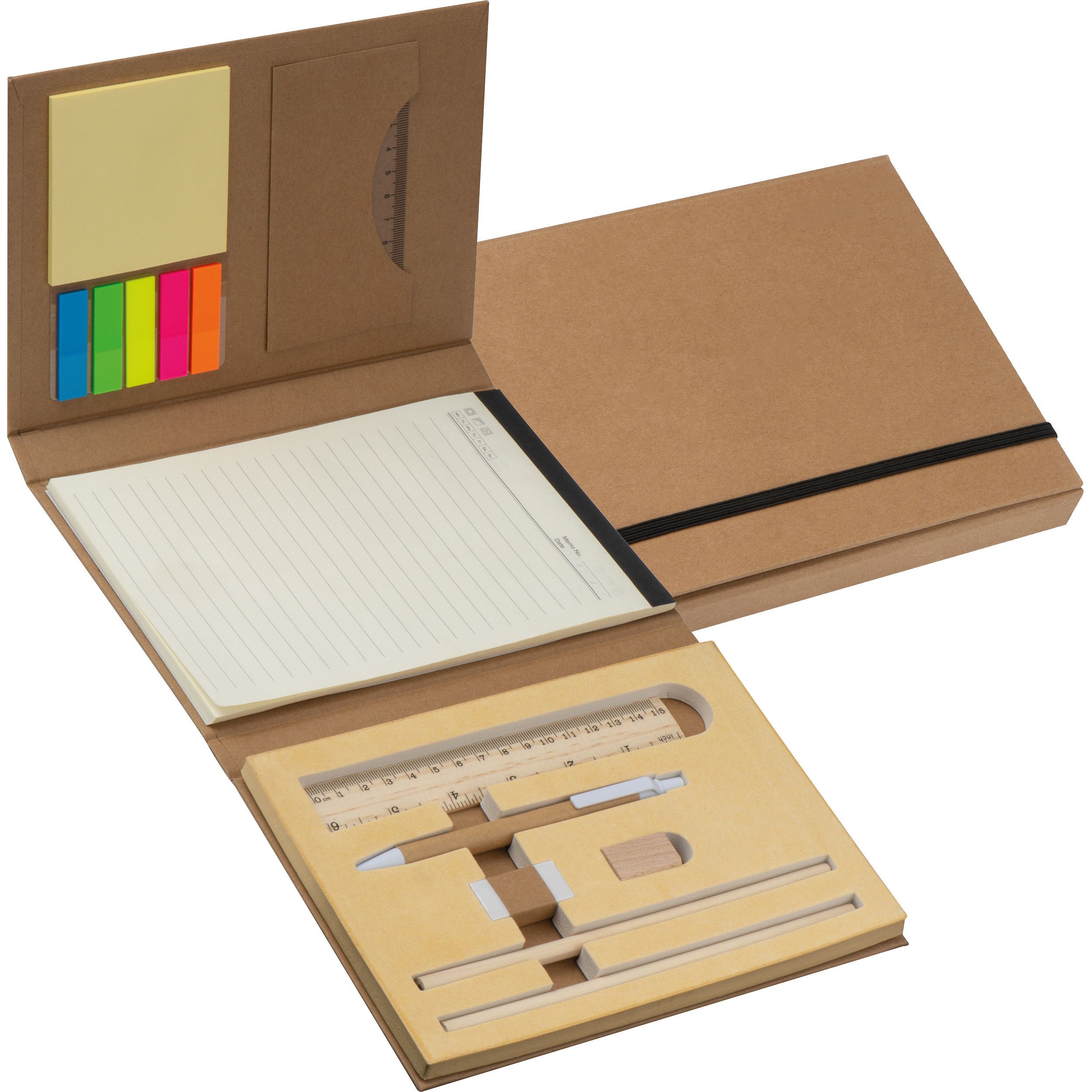 Schreibmappe mit Lineal, Schreibblock und Haftmarkern - braun-898