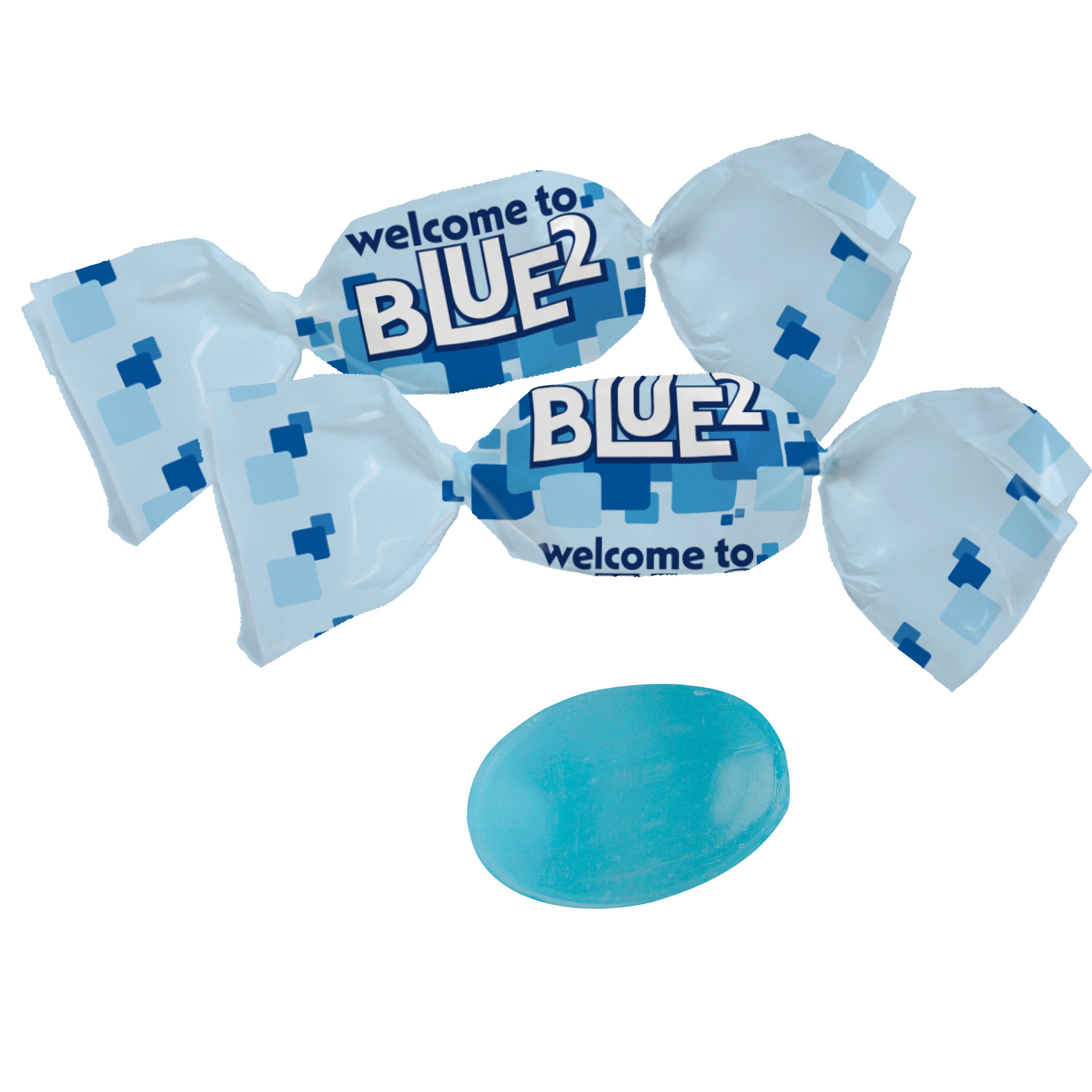Blaues Bonbon im kompostierbaren Werbewickel-303