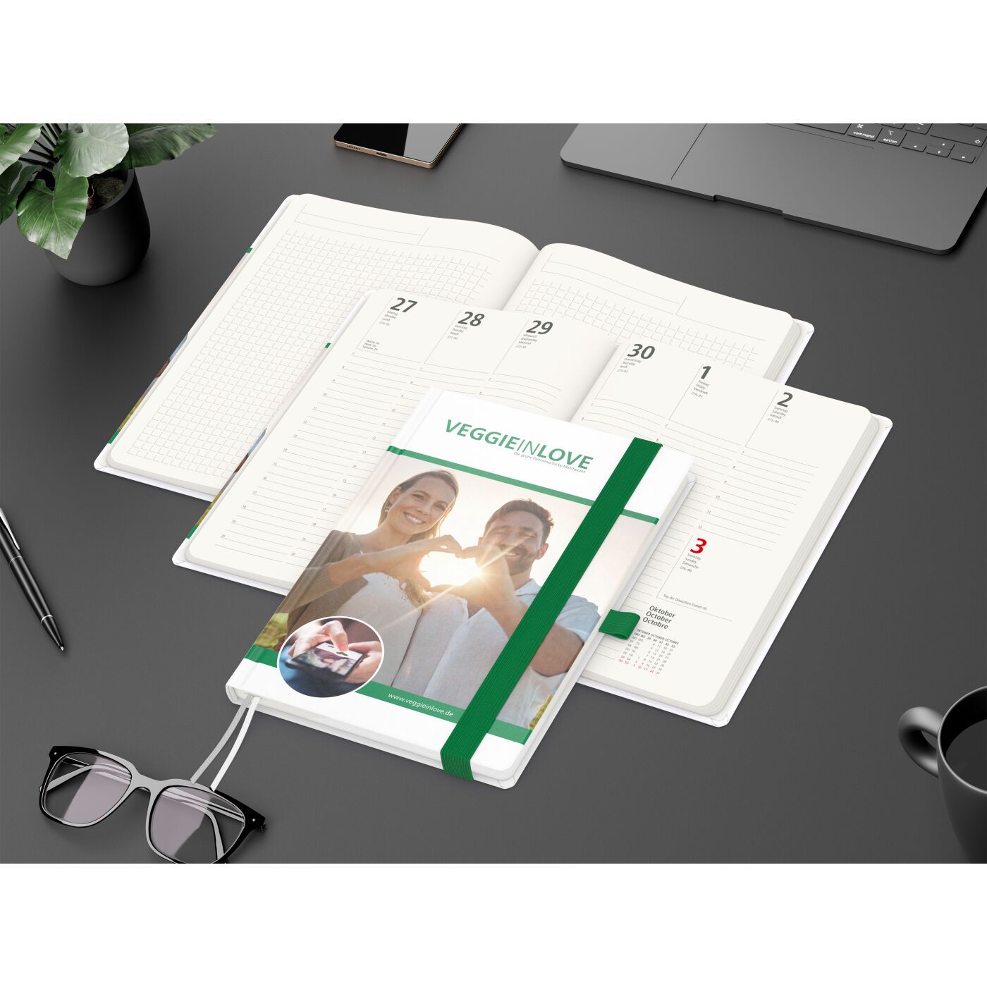 Wochenkalender vorne + Notizen hinten Match-Hybrid RECYCLING, Naturpapier, grün-833