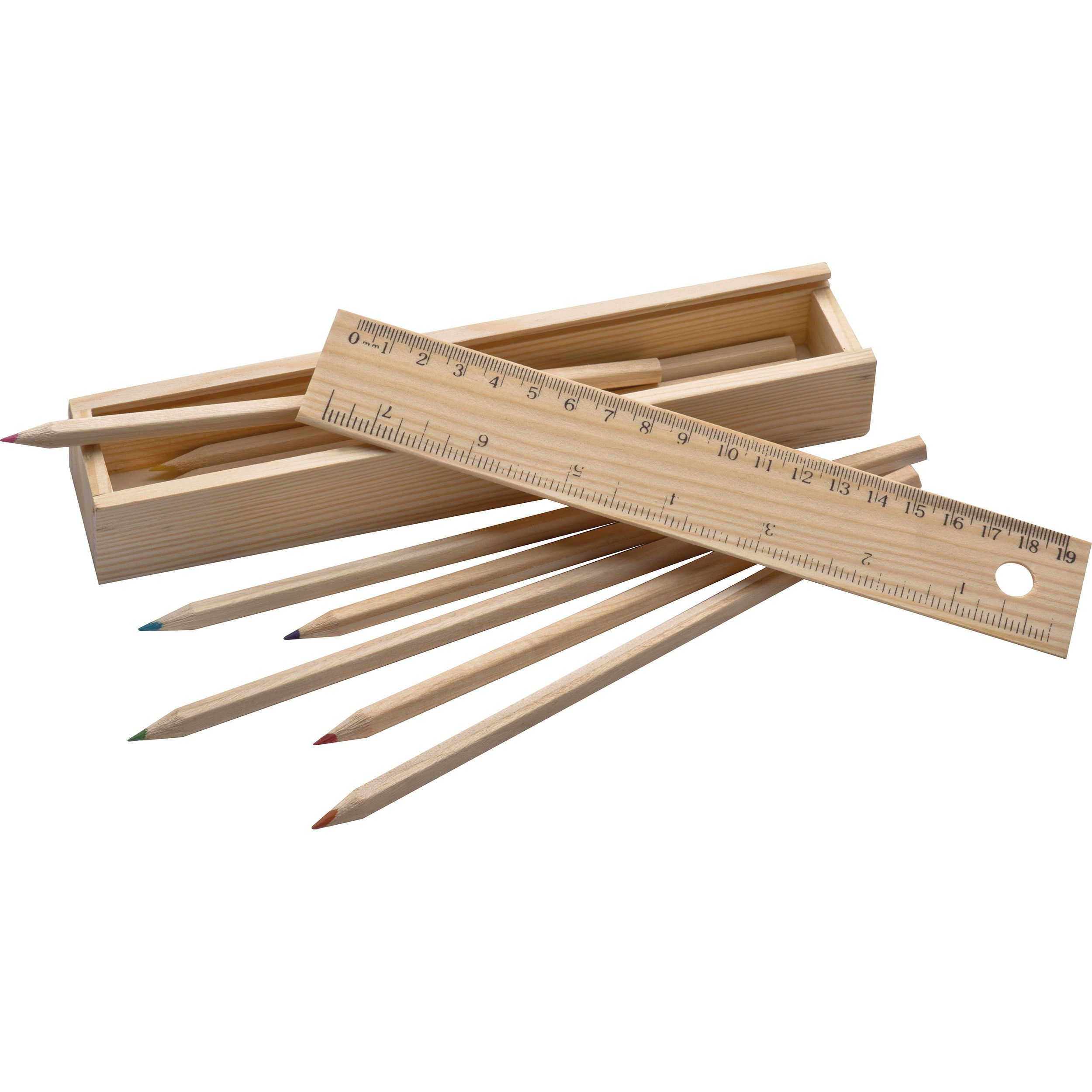 Holzbox mit 8 Buntstiften und Lineal - braun-966