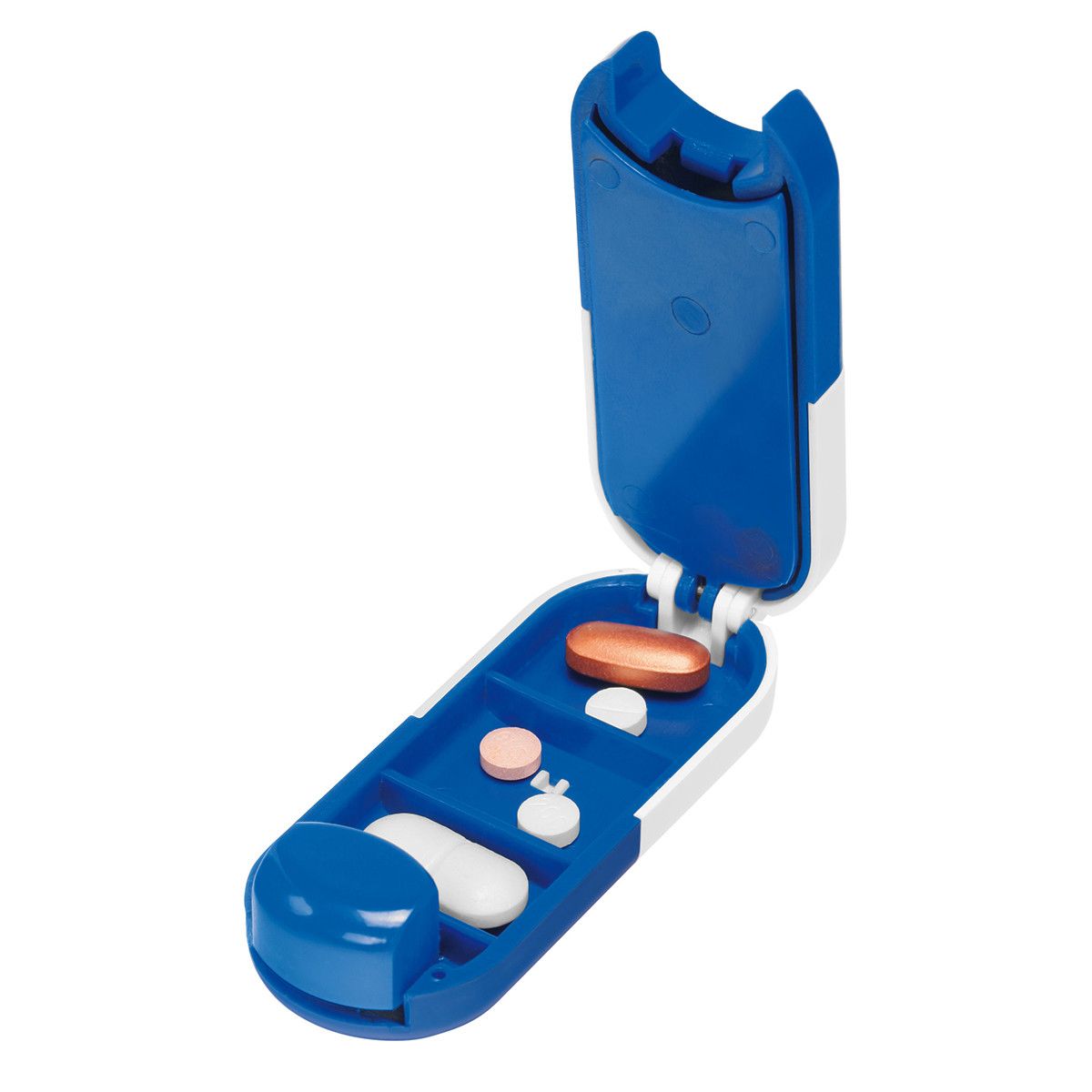 Pillendose Tablettenform (mit Tablettenteiler) - weiß - blau-162