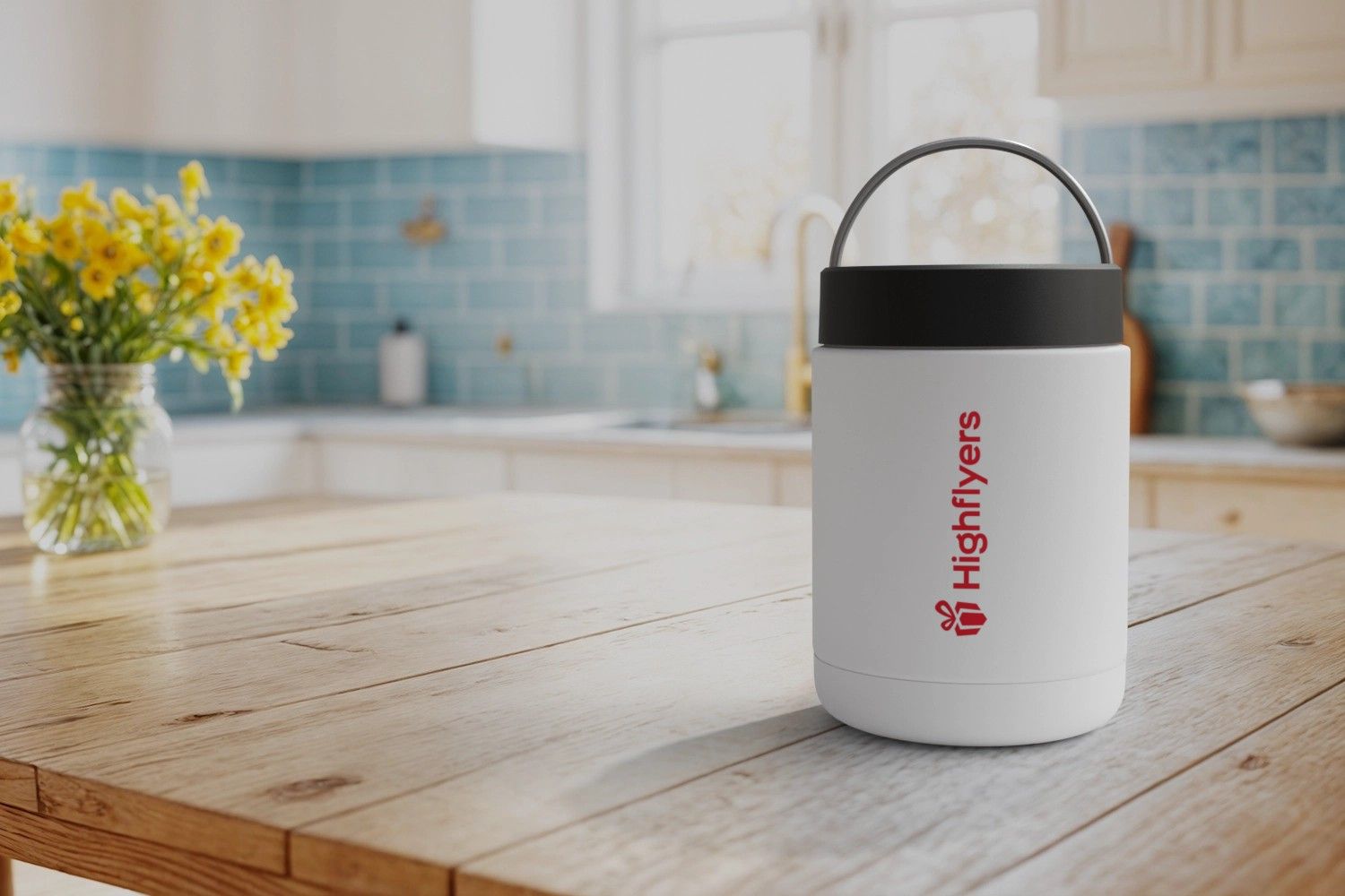 Lunchpot mit Logo auf Küchentisch