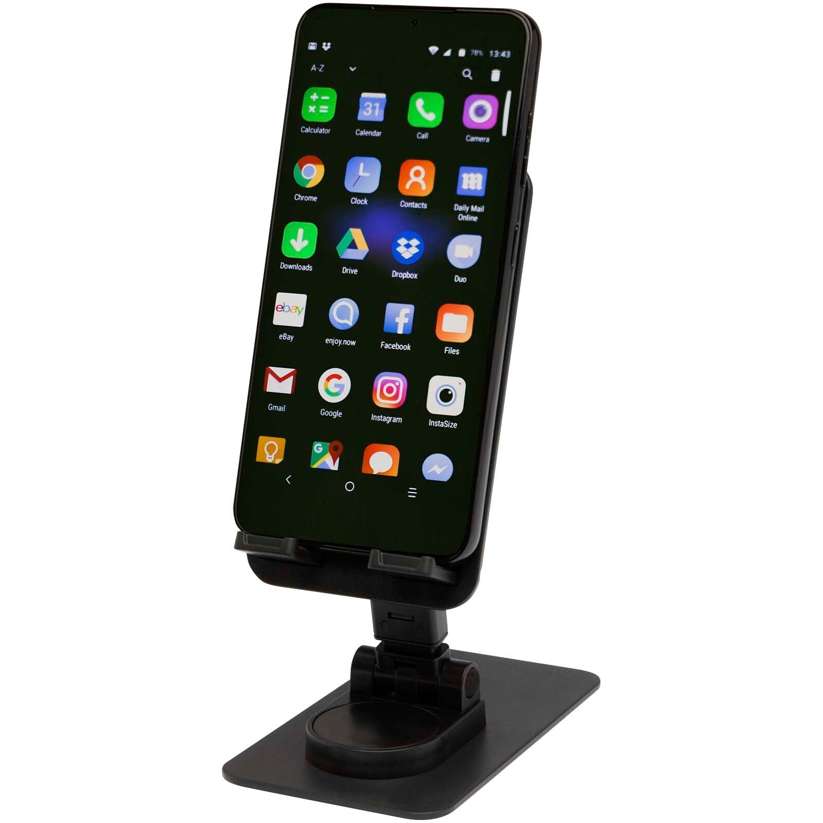 Alhena Klappbare Smartphonehalterung aus recyceltem Kunststoff mit Metallständer für den Schreibtisch - schwarz-209