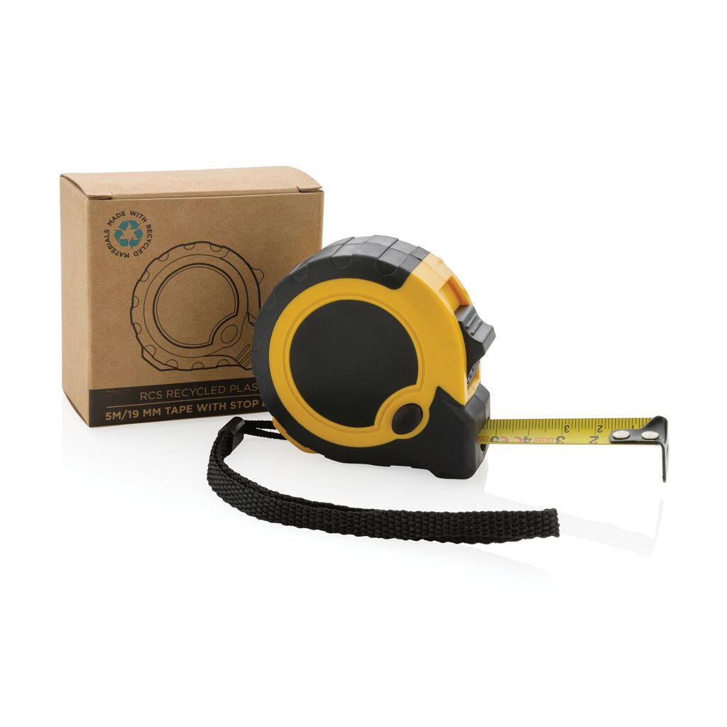 5m/19mm Maßband mit Stop-Taste aus RCS recycelt. Kunststoff - gelb-784