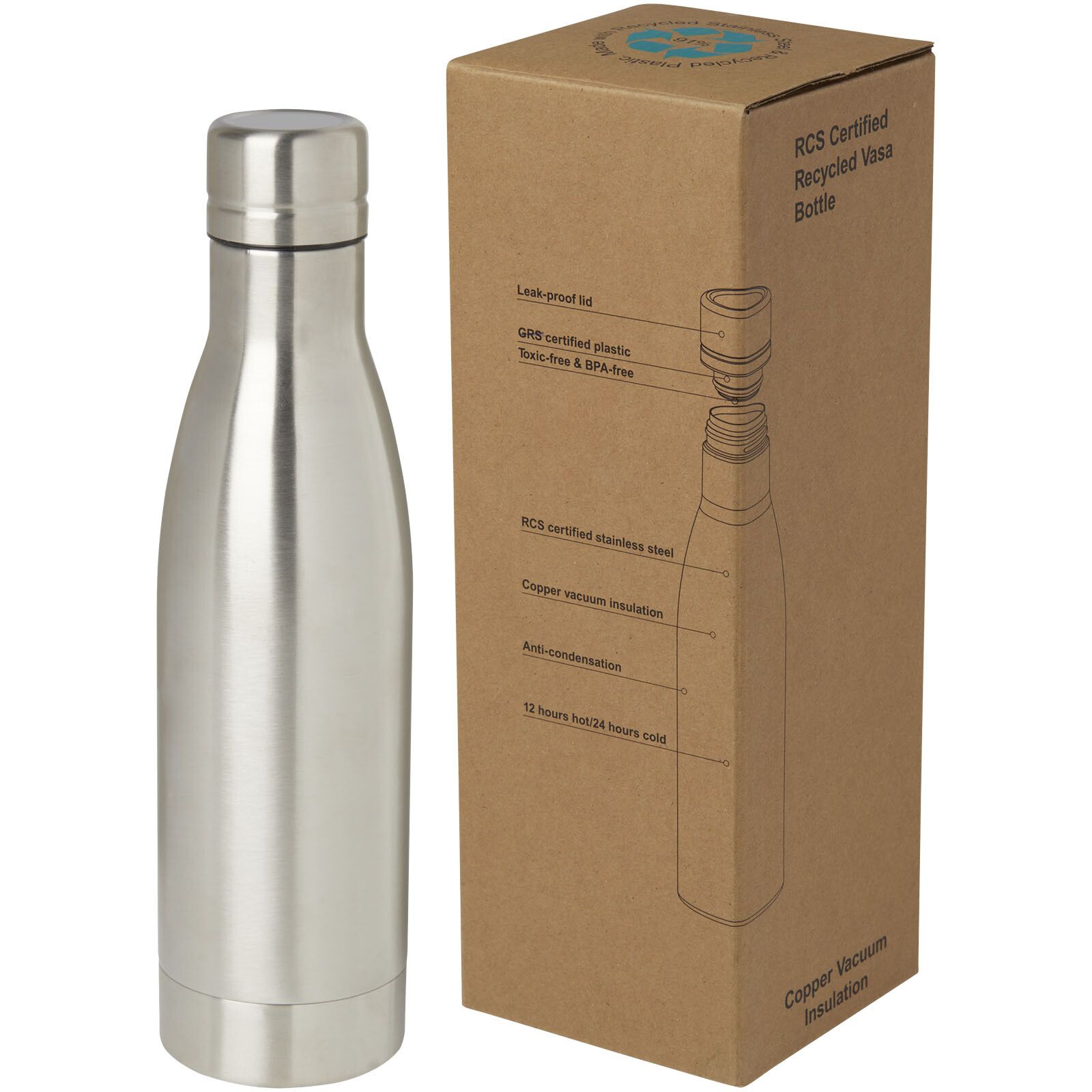 Vasa RCS-zertifizierte Kupfer-Vakuum Isolierflasche aus recyceltem Edelstahl, 500 ml - silber-645