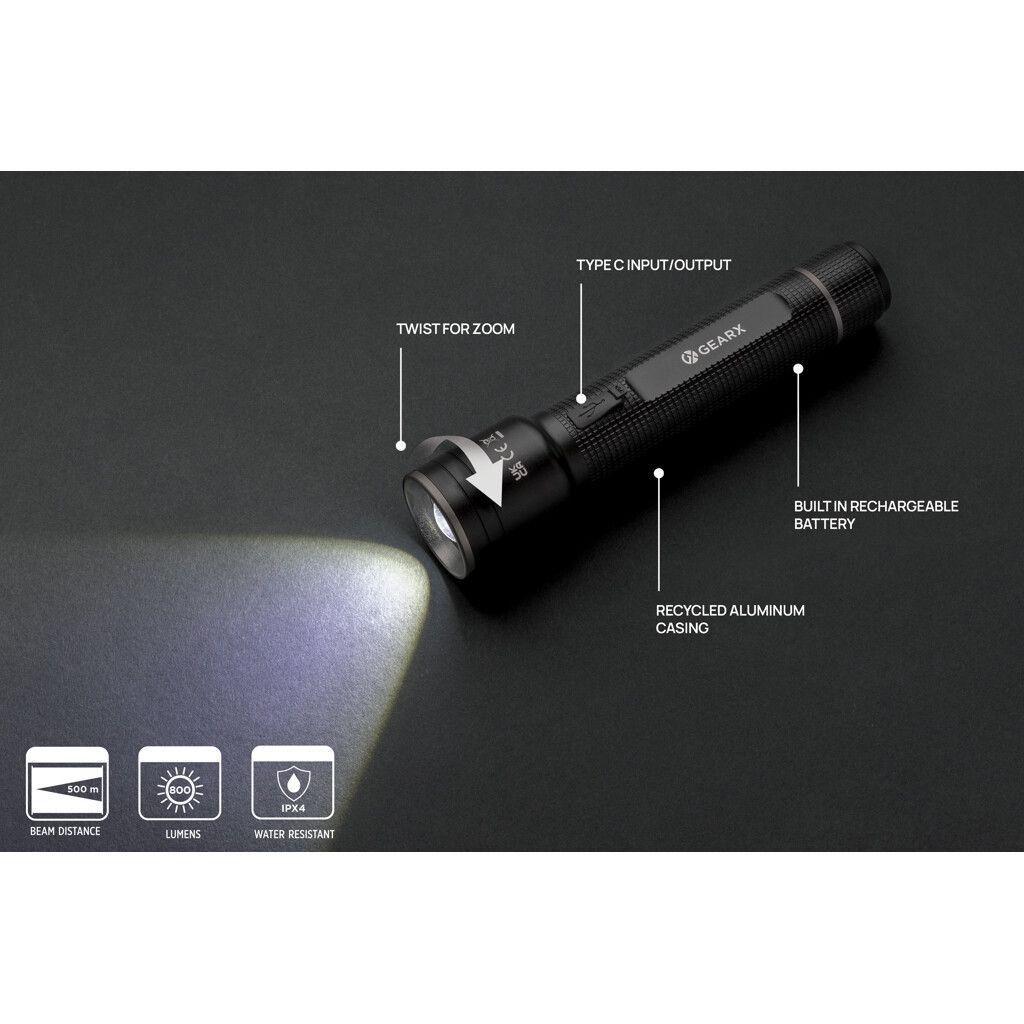 Große Gear X Taschenlampe aus RCS recycelt. Alu mit USB-Akku - schwarz-334