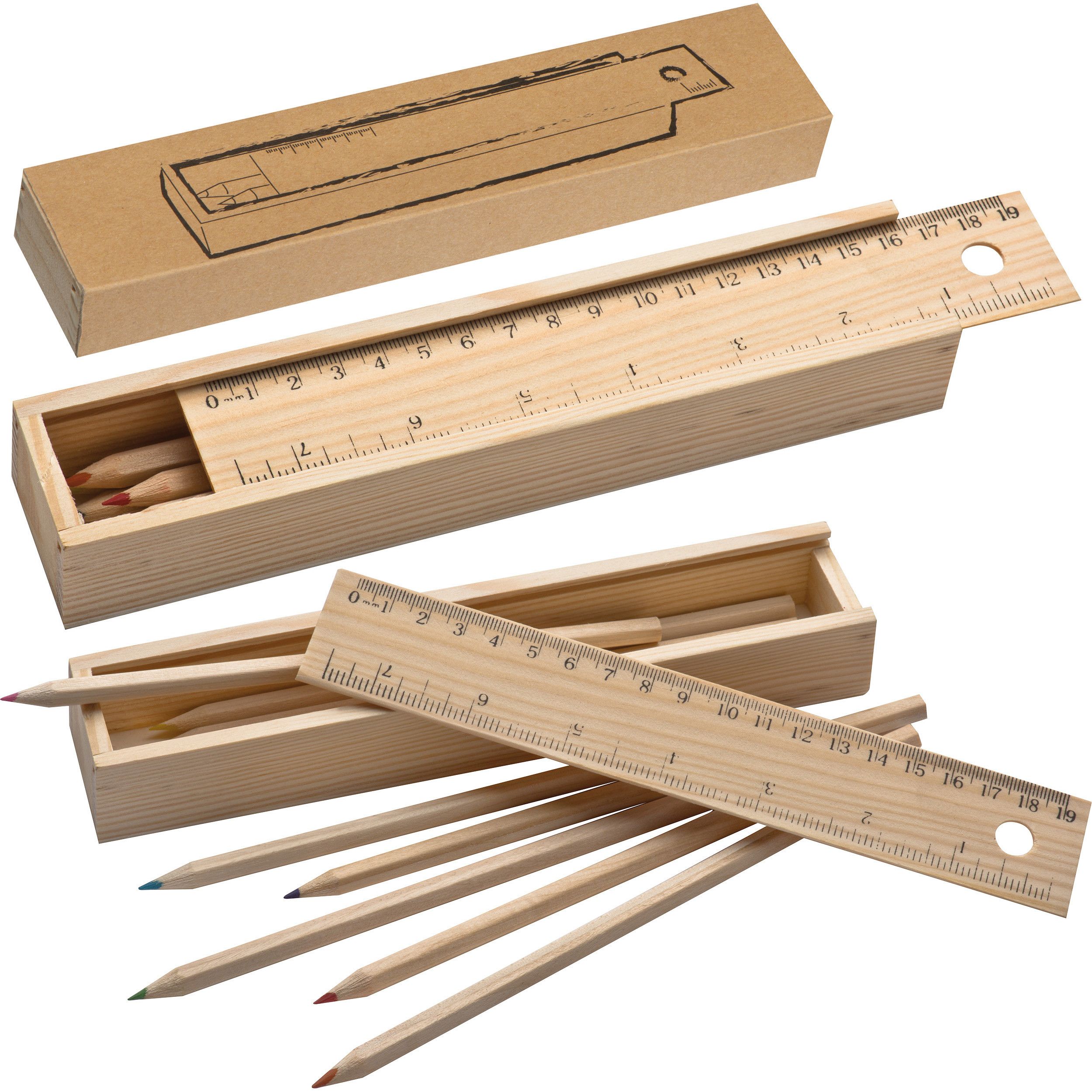Holzbox mit 8 Buntstiften und Lineal - braun-15