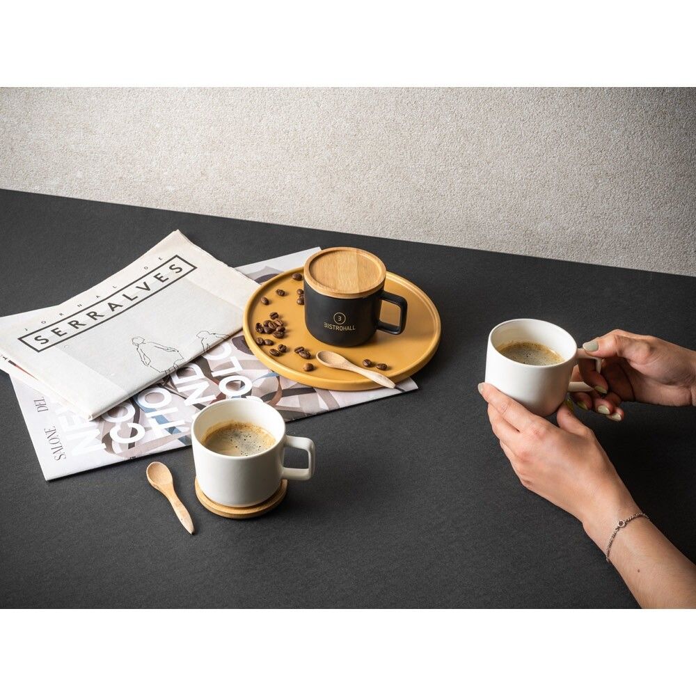 FANGIO Tasse Keramik 220ml mit Deckel aus Bambus als Untersetzer - schwarz-950