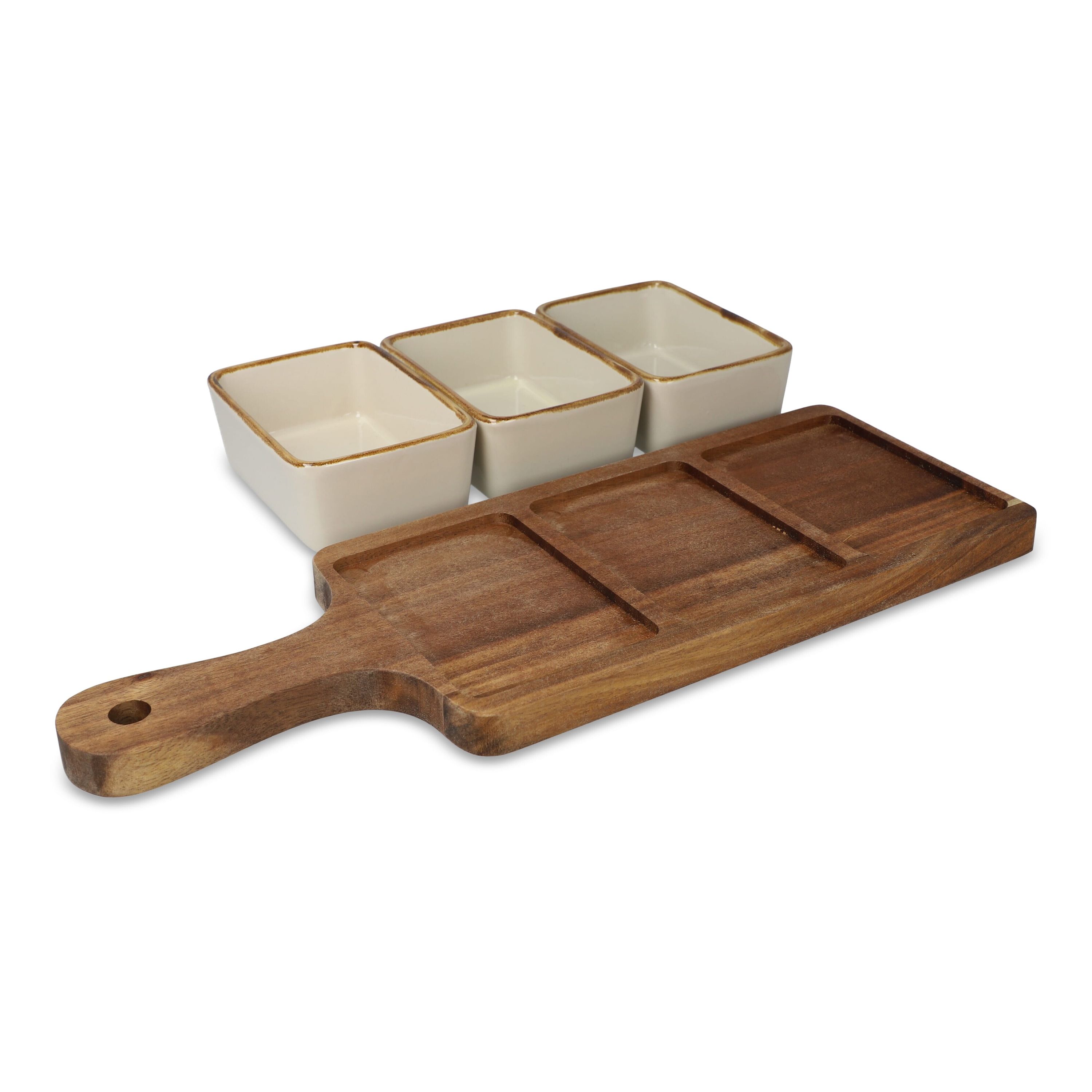 InSideOut Servierbrett aus Holz mit 3 Keramikschalen - natur-920